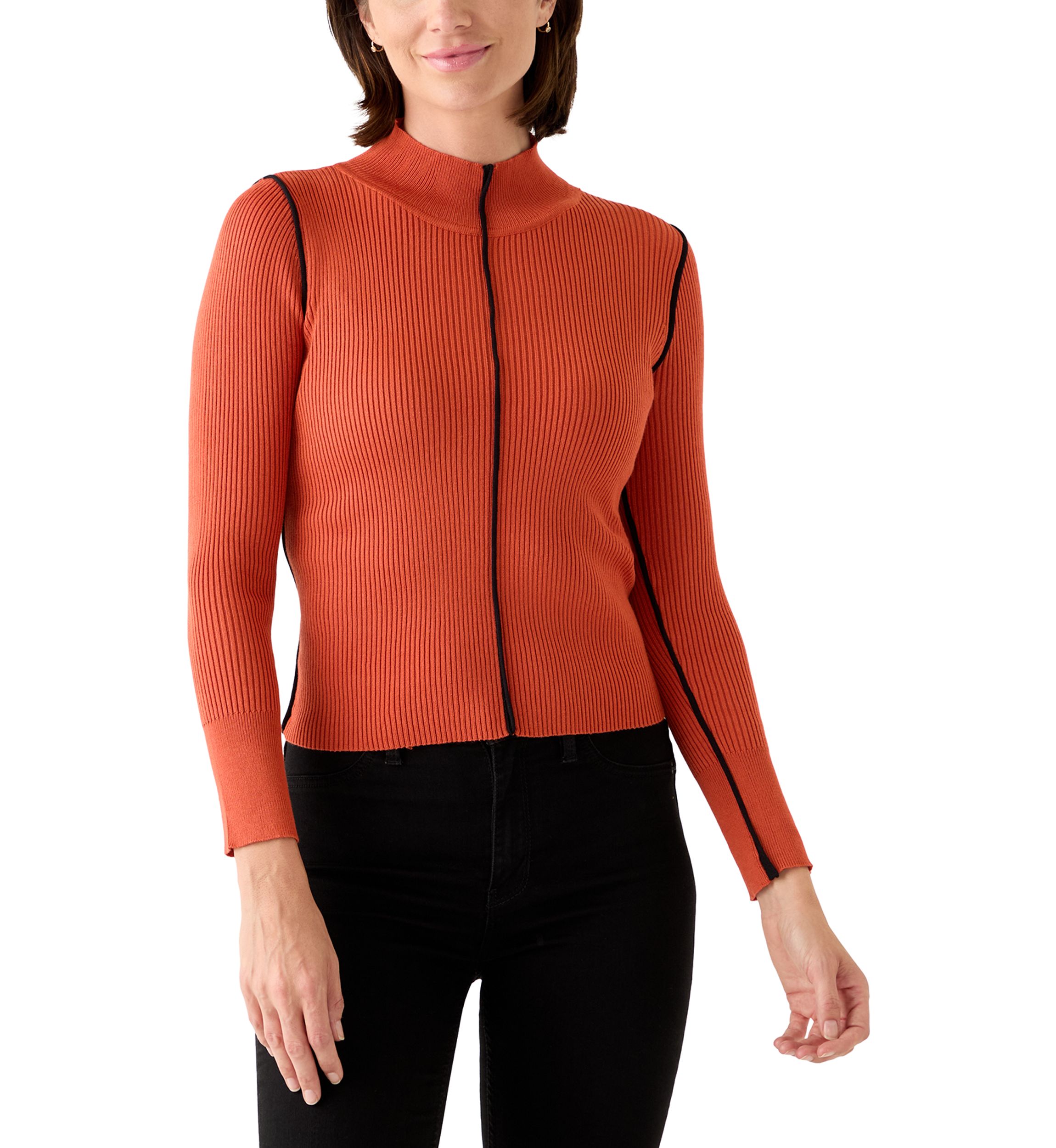 Womens Mock Neck Sweater with Contrast Piping
