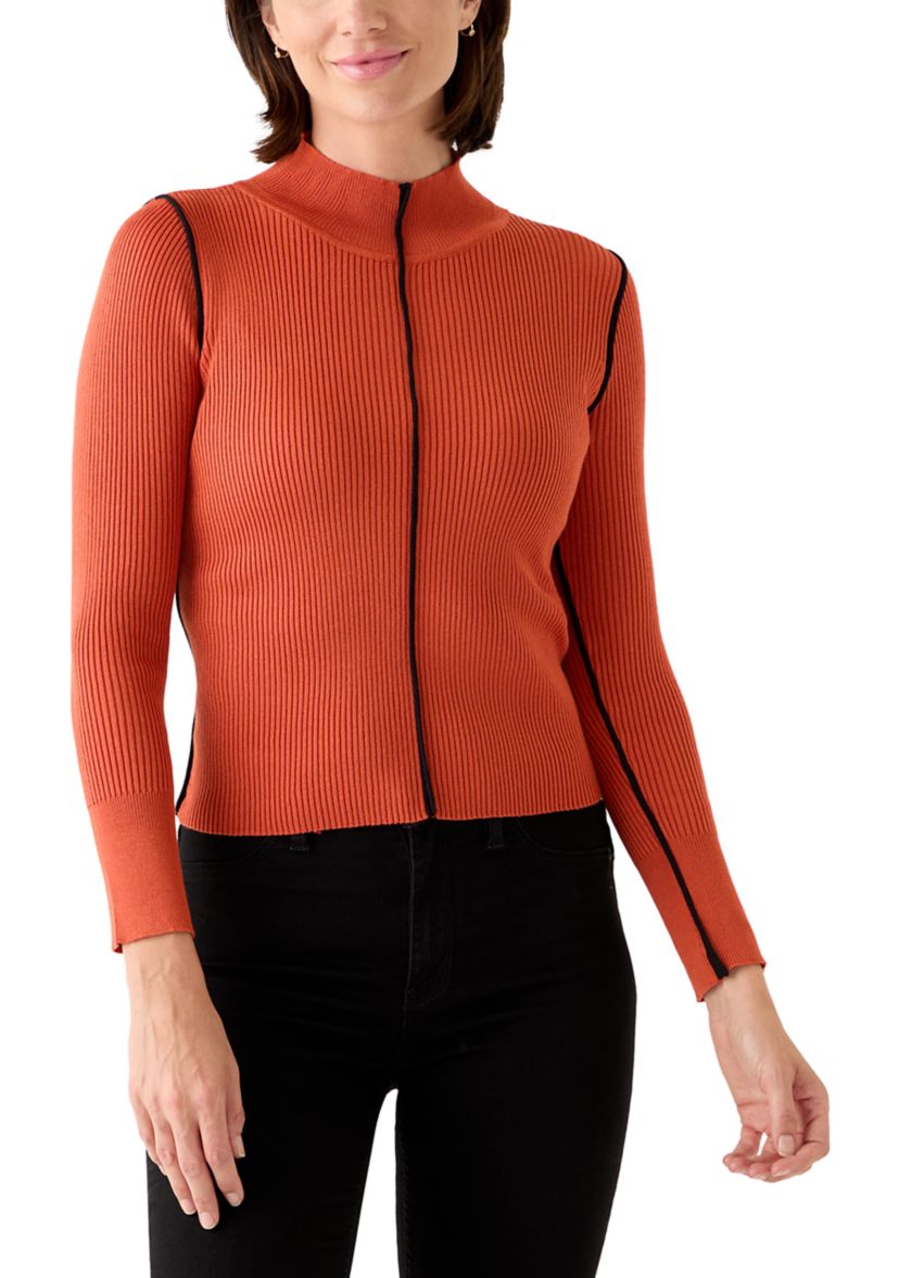 Womens Mock Neck Sweater with Contrast Piping