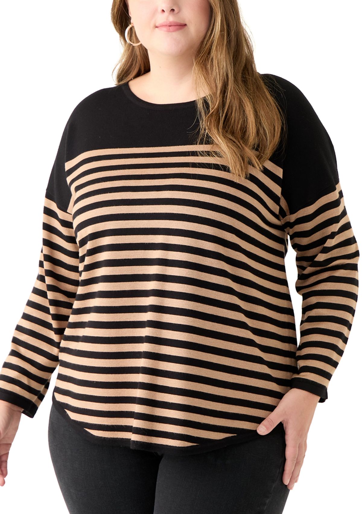 Plus Size Long Sleeve Drop Shoulder Crew Neck Intarsia Sweater 