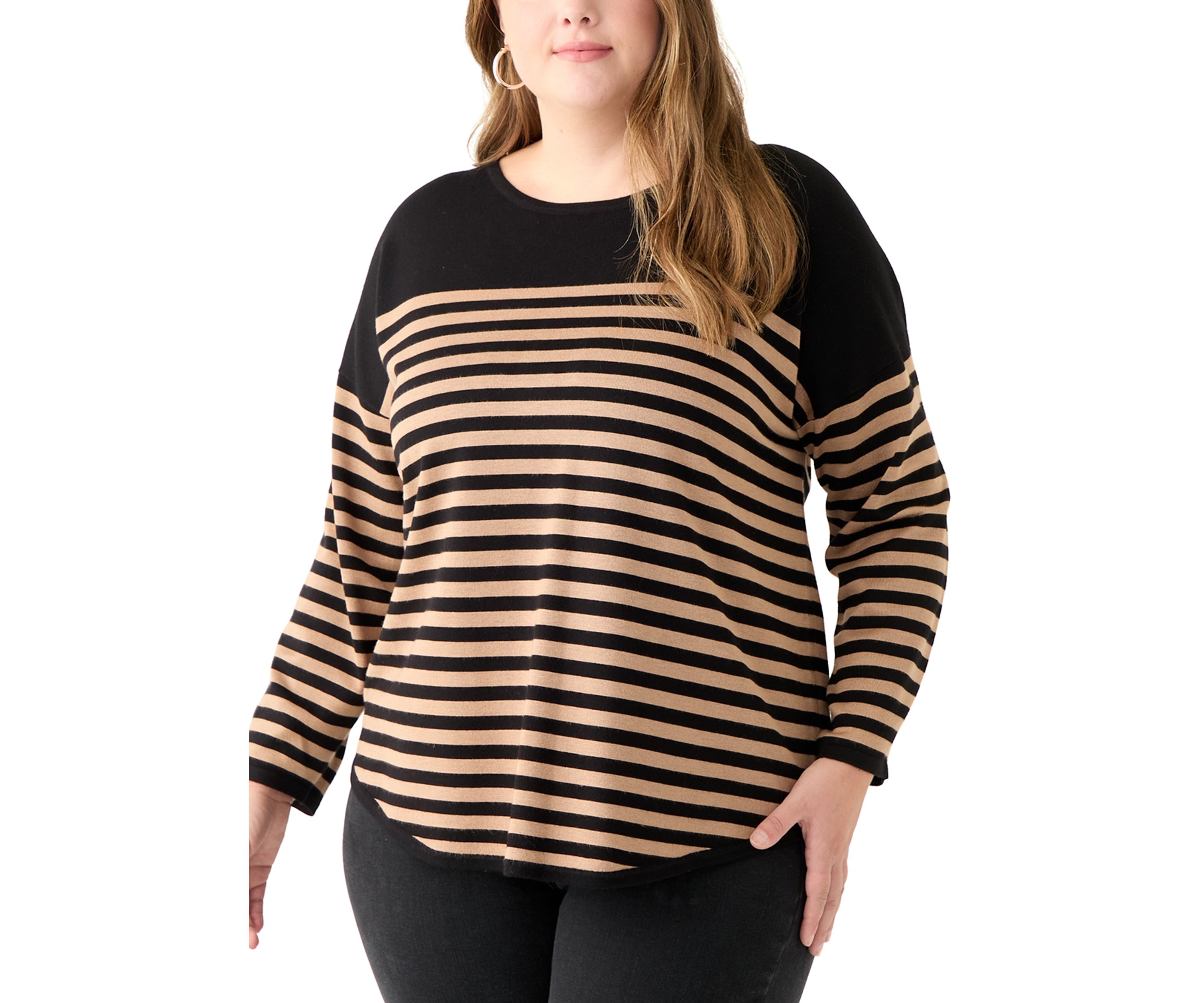 Plus Size Long Sleeve Drop Shoulder Crew Neck Intarsia Sweater 