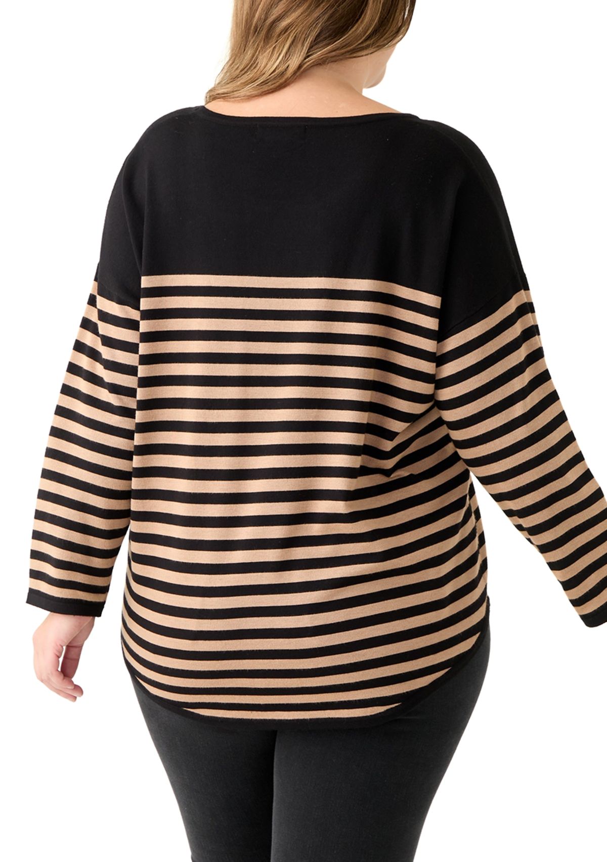 Plus Size Long Sleeve Drop Shoulder Crew Neck Intarsia Sweater 