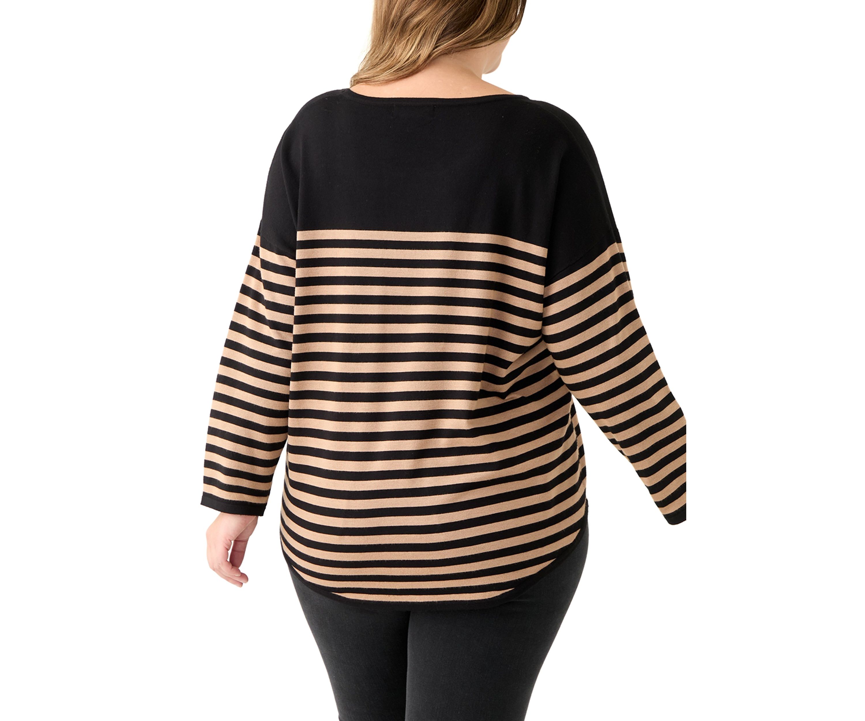 Plus Size Long Sleeve Drop Shoulder Crew Neck Intarsia Sweater 