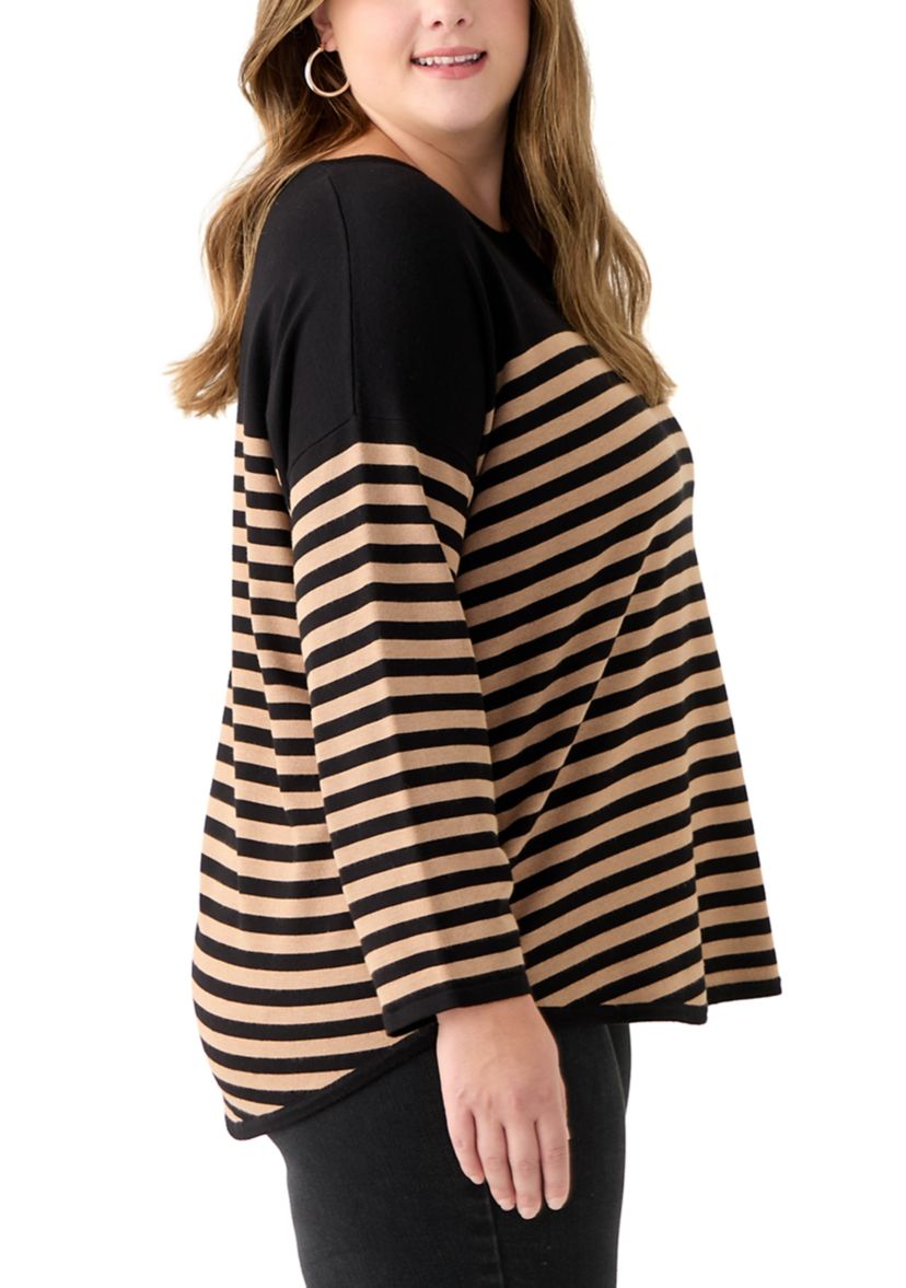 Plus Size Long Sleeve Drop Shoulder Crew Neck Intarsia Sweater 