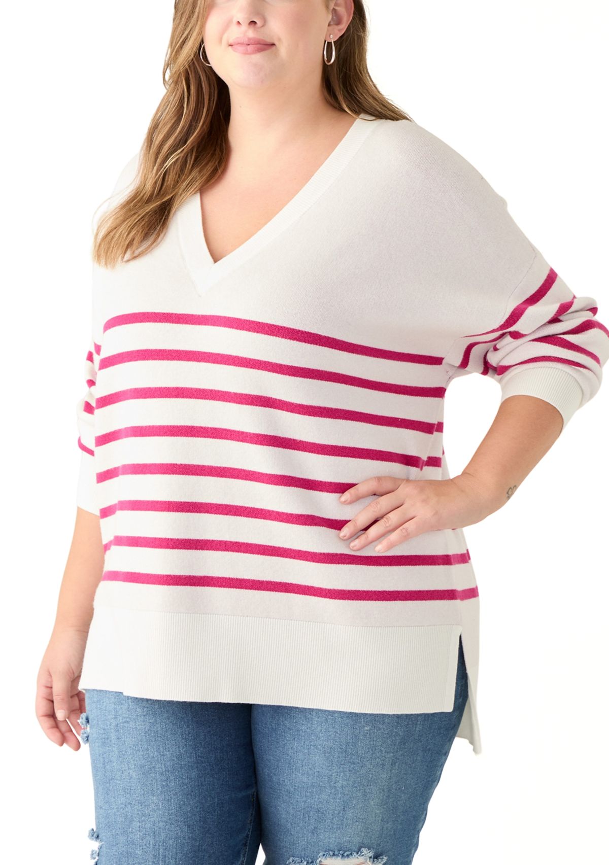 Plus Size Long Sleeve V-Neck Pullover with High/Low Hem 