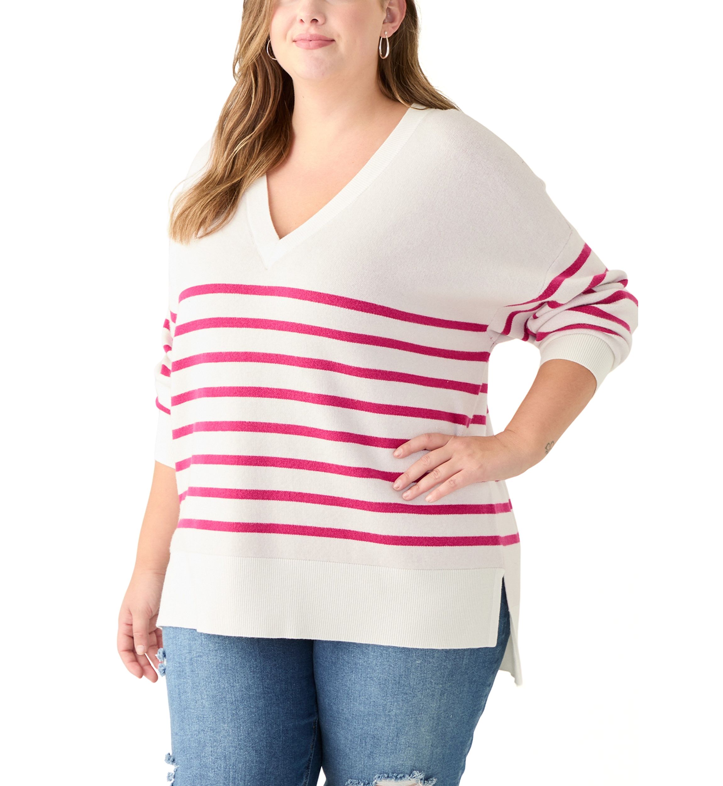 Plus Size Long Sleeve V-Neck Pullover with High/Low Hem 