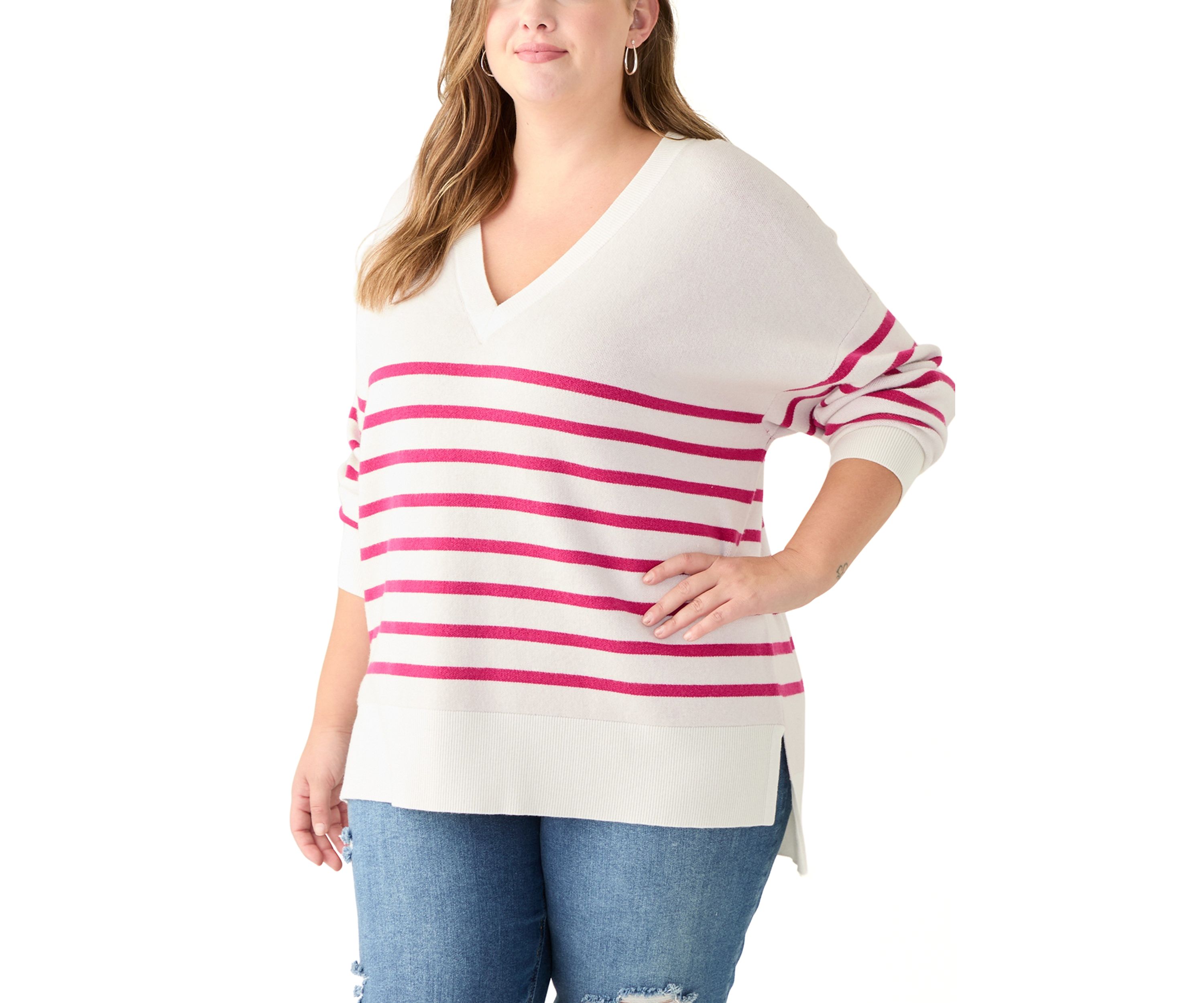 Plus Size Long Sleeve V-Neck Pullover with High/Low Hem 