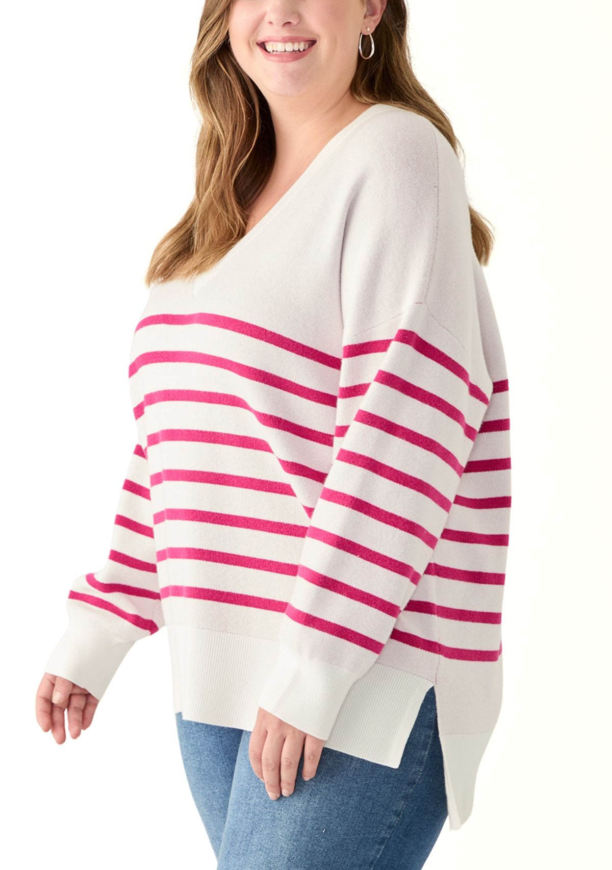 Plus Size Long Sleeve V-Neck Pullover with High/Low Hem 
