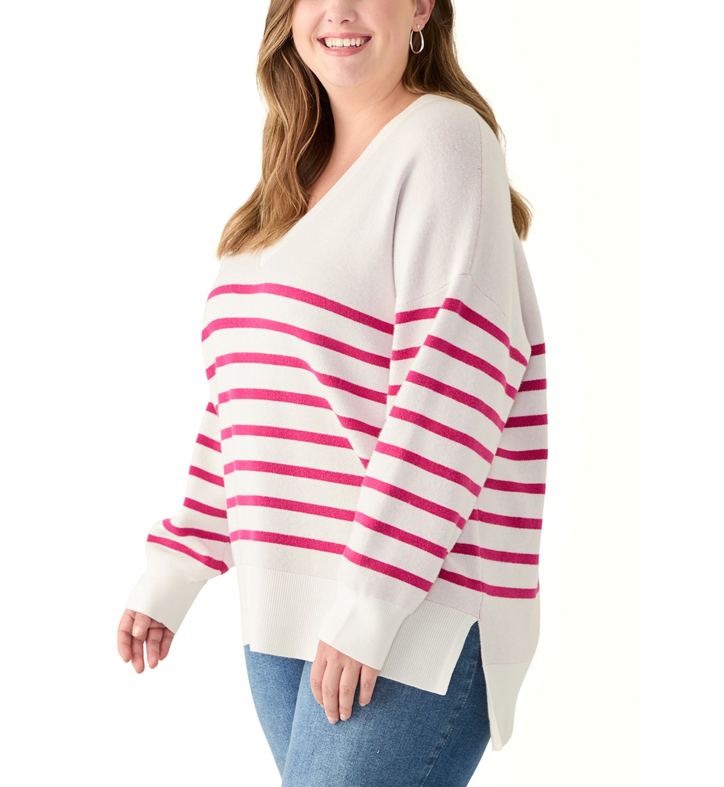Plus Size Long Sleeve V-Neck Pullover with High/Low Hem 