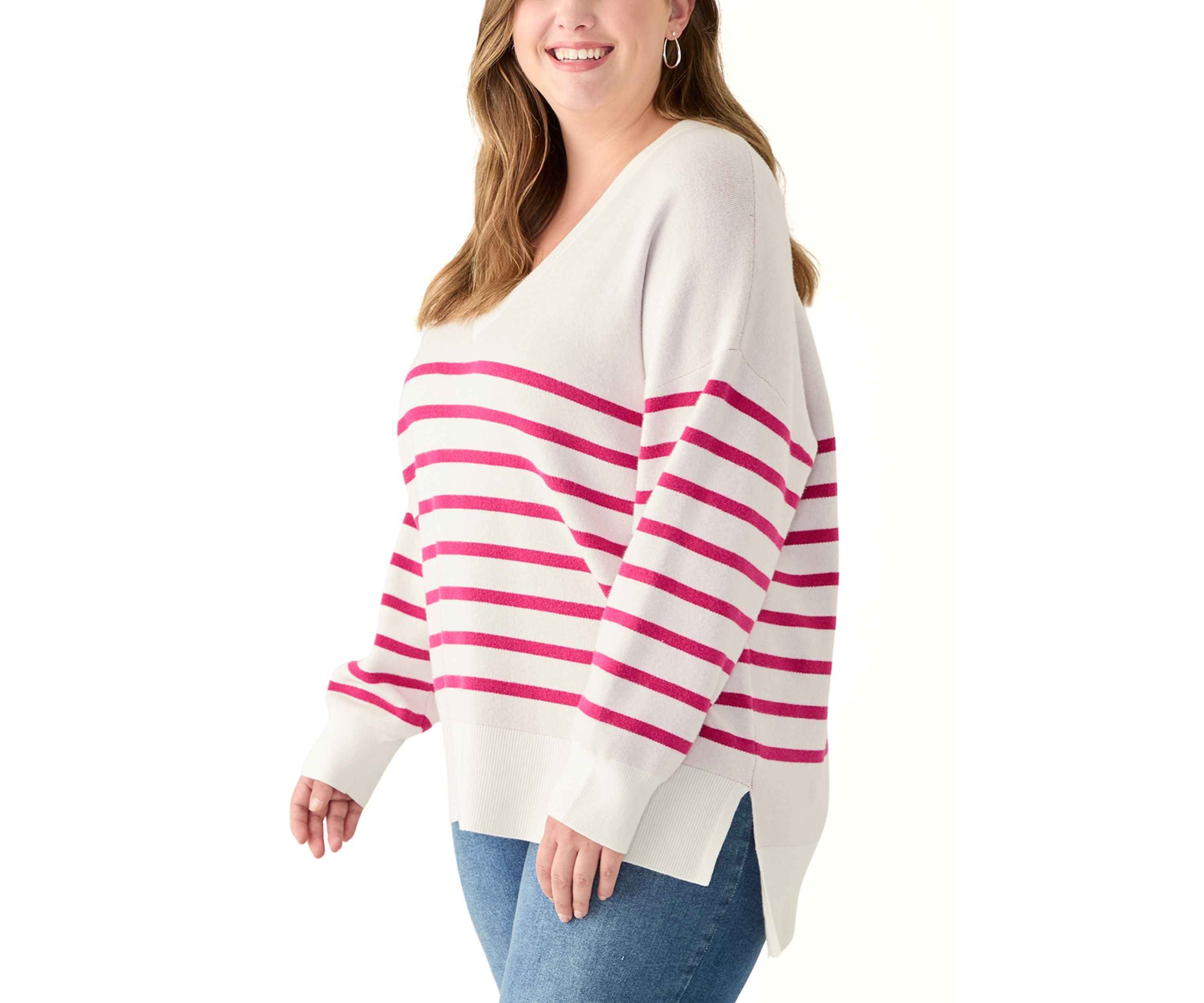 Plus Size Long Sleeve V-Neck Pullover with High/Low Hem 