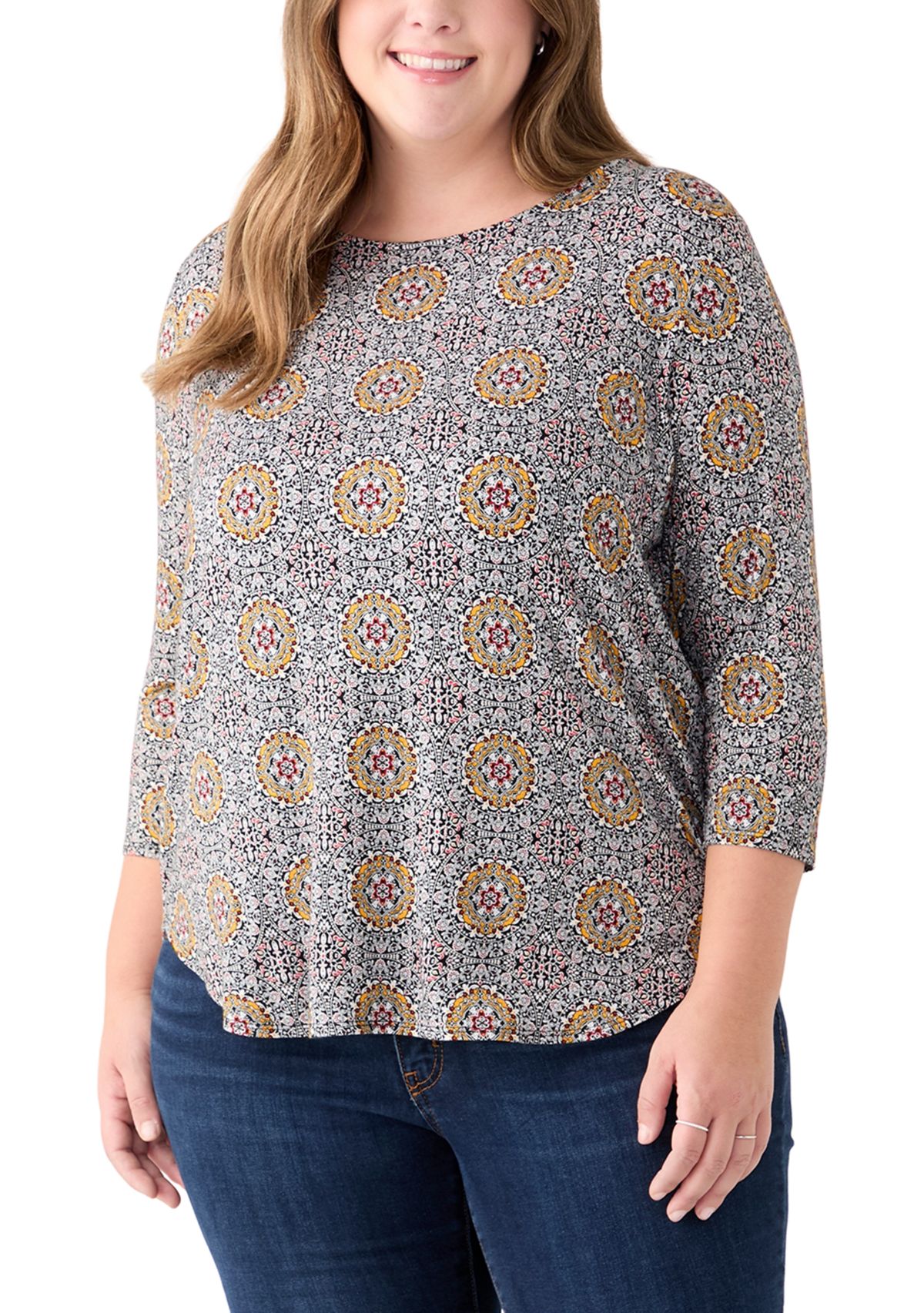 Plus Size 3/4 Sleeve Crew Round Neck High-Low Shirt 