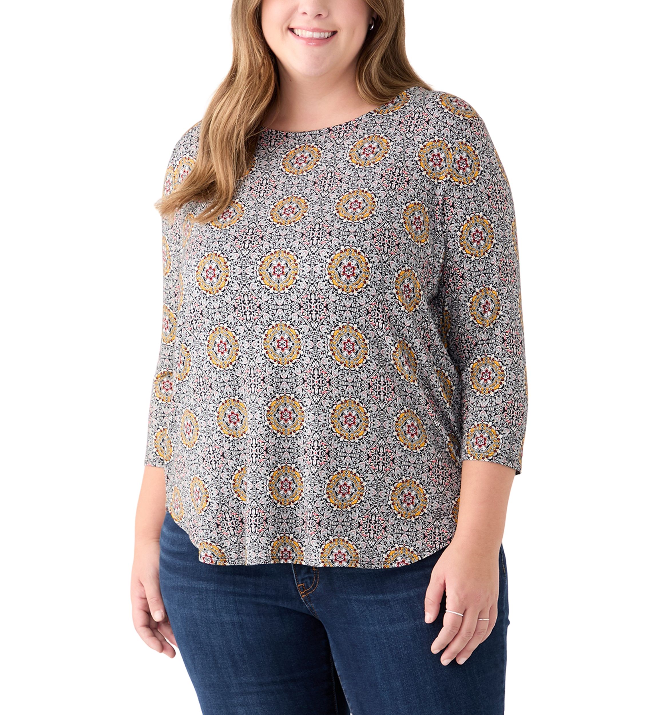 Plus Size 3/4 Sleeve Crew Round Neck High-Low Shirt 