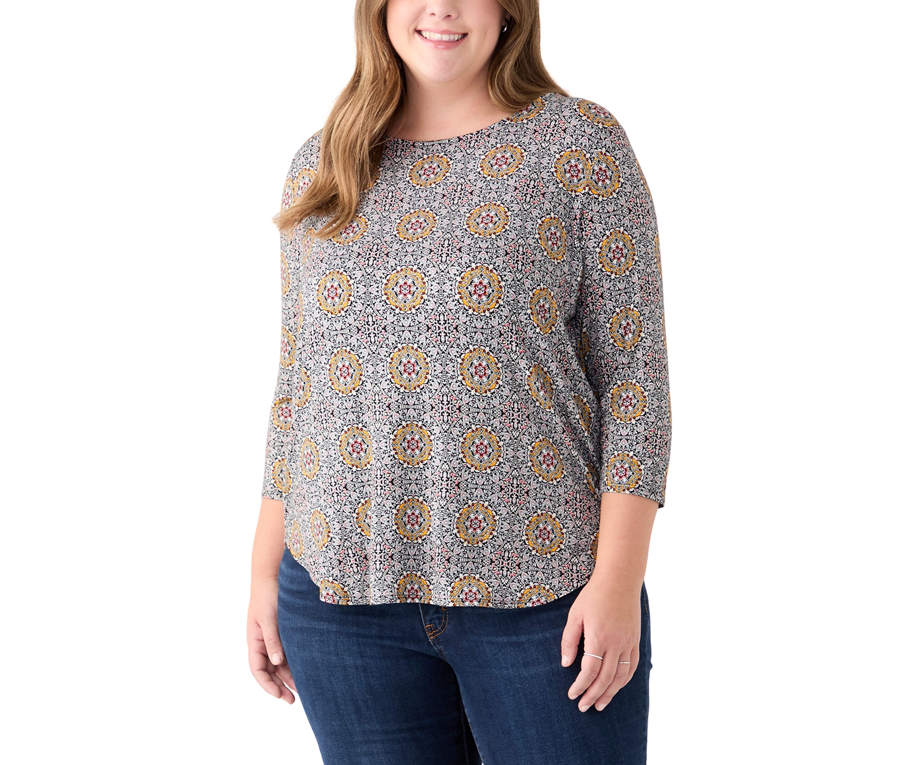 Plus Size 3/4 Sleeve Crew Round Neck High-Low Shirt 