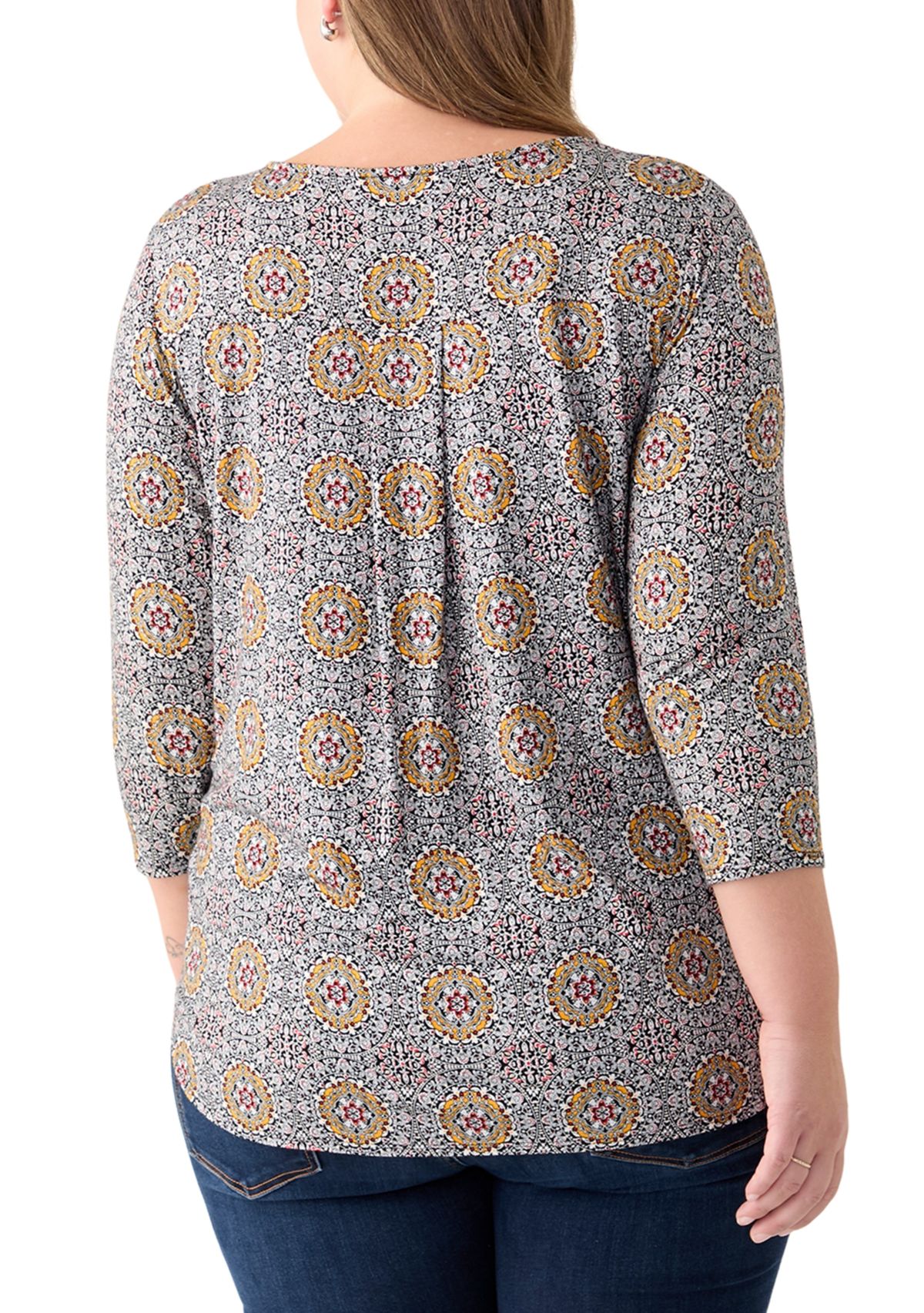 Plus Size 3/4 Sleeve Crew Round Neck High-Low Shirt 