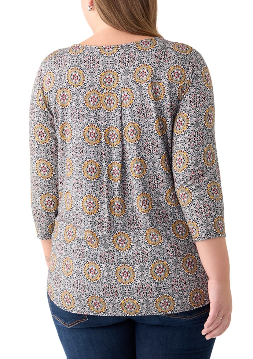 Plus Size 3/4 Sleeve Crew Round Neck High-Low Shirt 