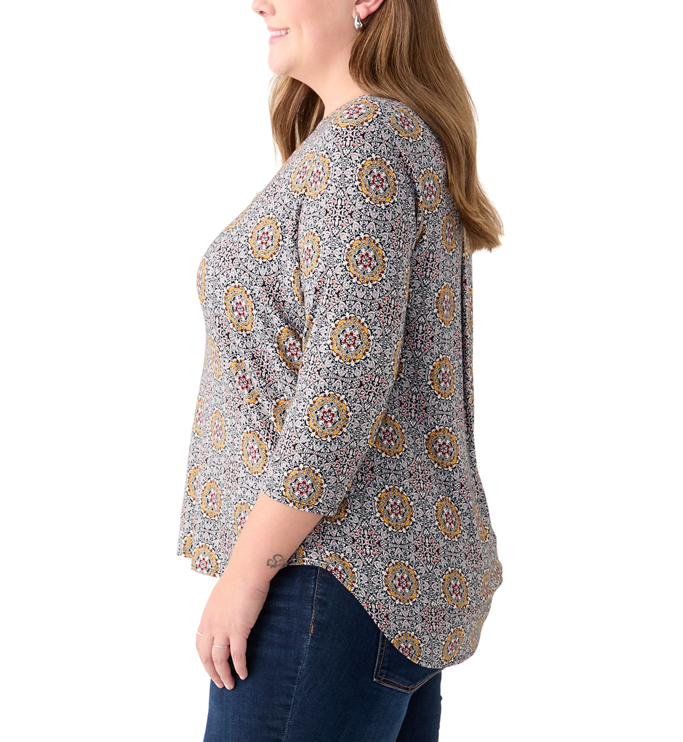 Plus Size 3/4 Sleeve Crew Round Neck High-Low Shirt 