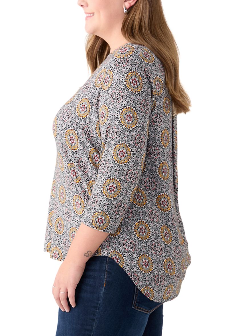 Plus Size 3/4 Sleeve Crew Round Neck High-Low Shirt 