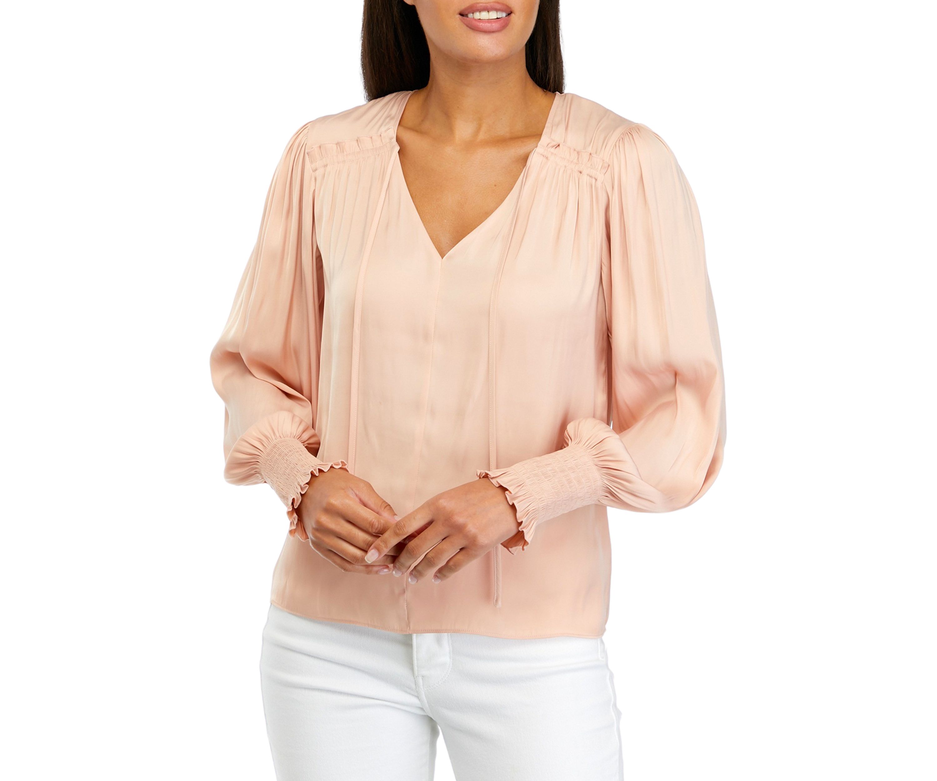 Womens Lantern Sleeve Smocked Shoulder Blouse 
