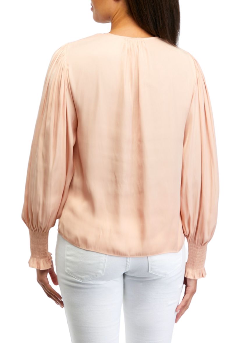 Womens Lantern Sleeve Smocked Shoulder Blouse 