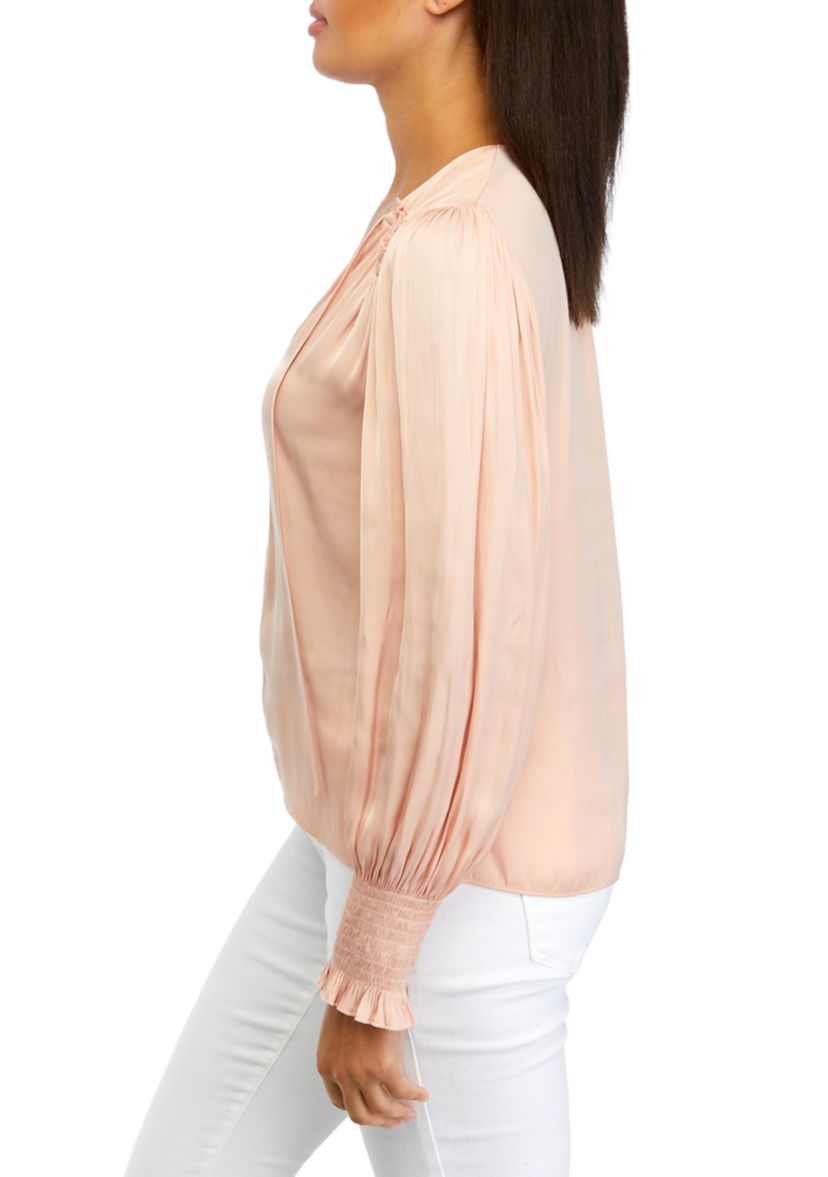 Womens Lantern Sleeve Smocked Shoulder Blouse 