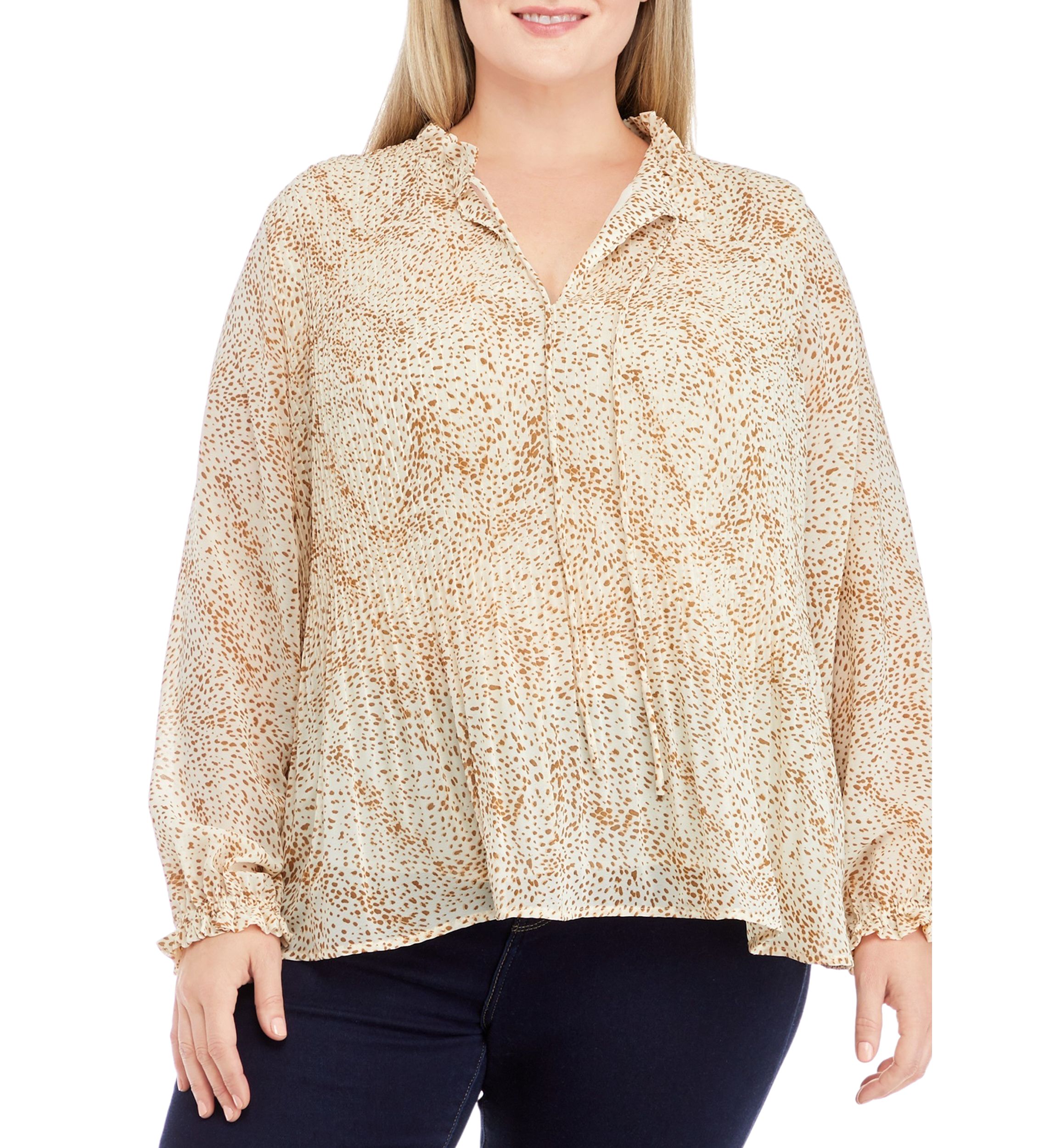 Plus Size Long Sleeve Pleated Blouse with Neck Tie