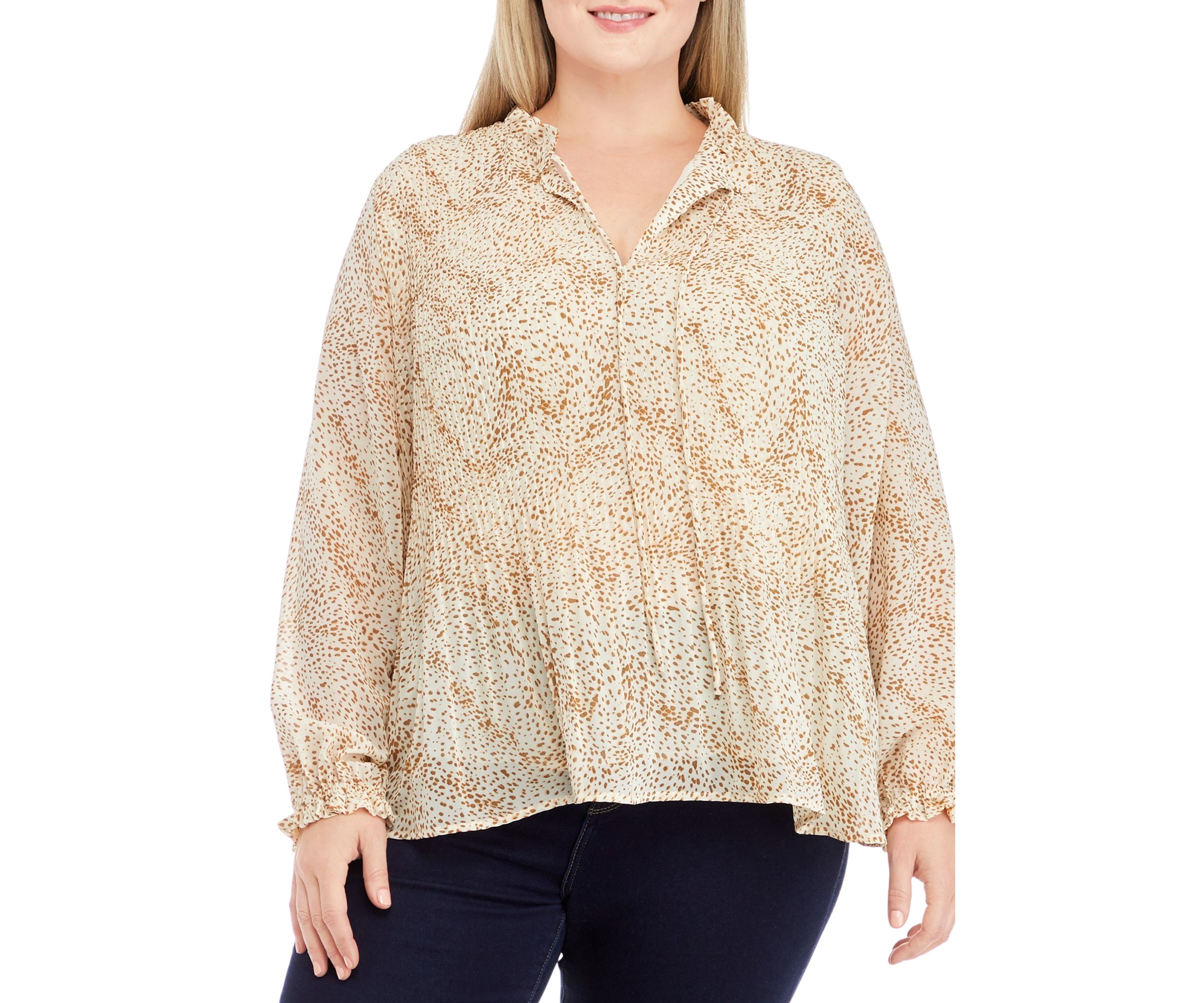 Plus Size Long Sleeve Pleated Blouse with Neck Tie