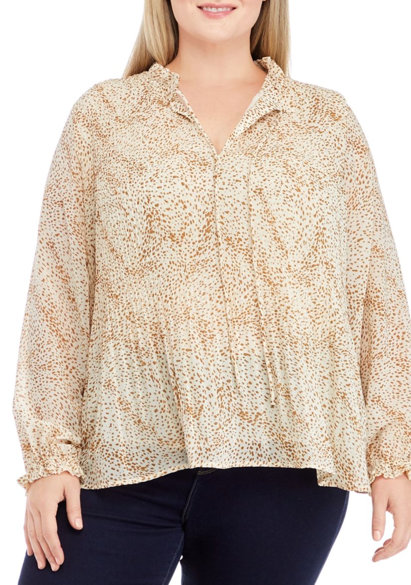 Plus Size Long Sleeve Pleated Blouse with Neck Tie