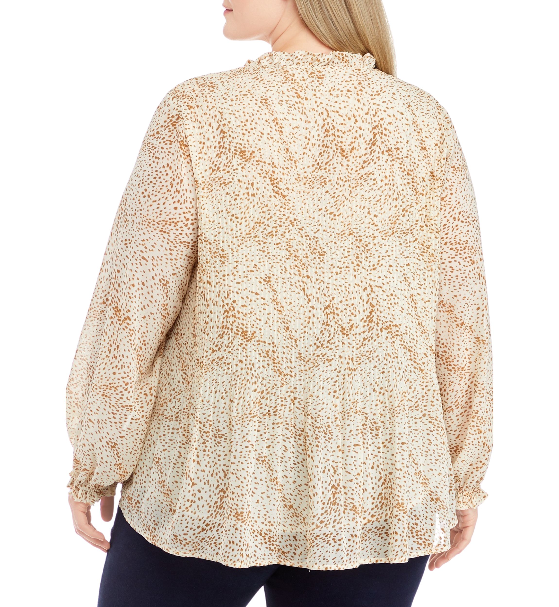Plus Size Long Sleeve Pleated Blouse with Neck Tie