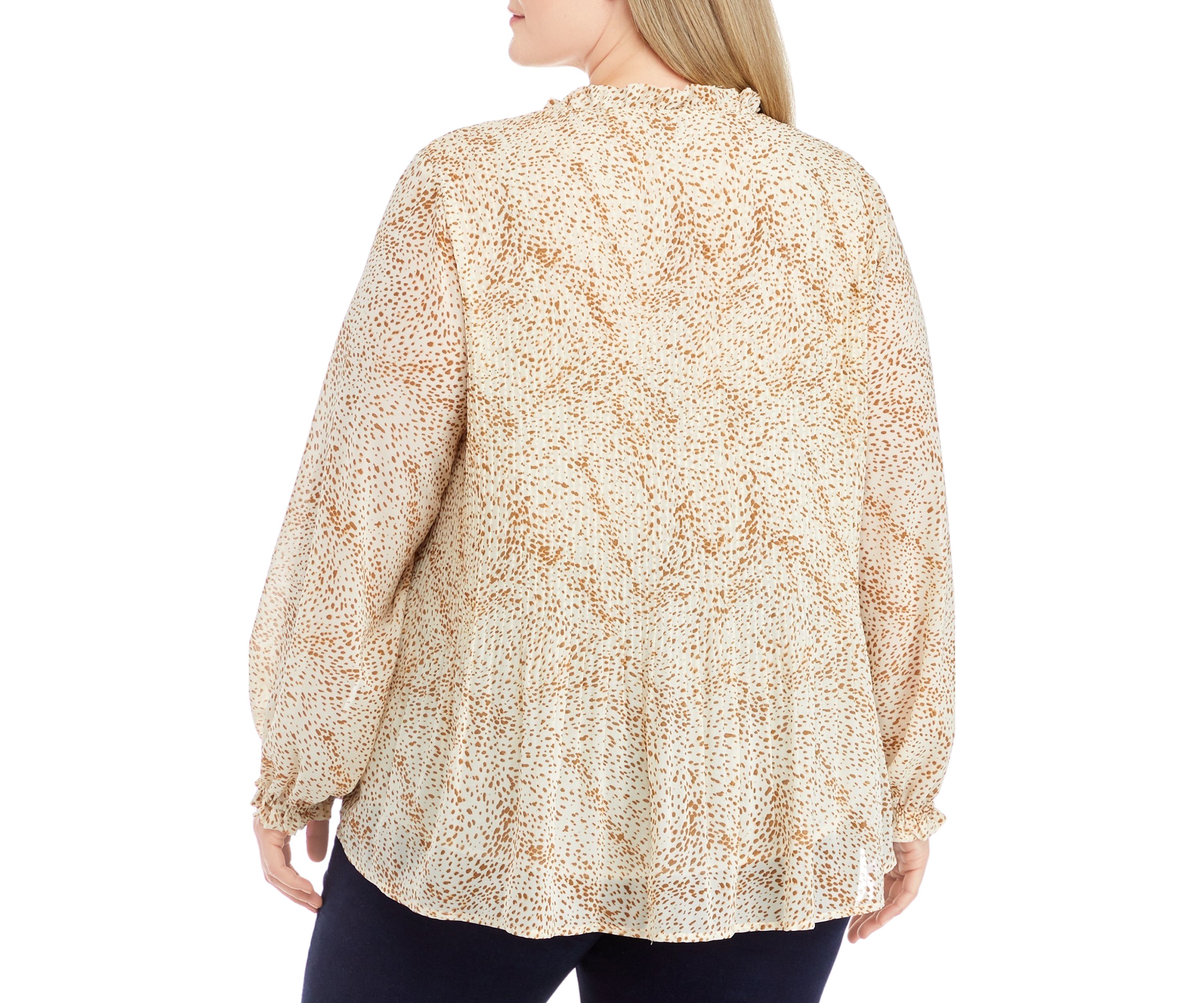 Plus Size Long Sleeve Pleated Blouse with Neck Tie