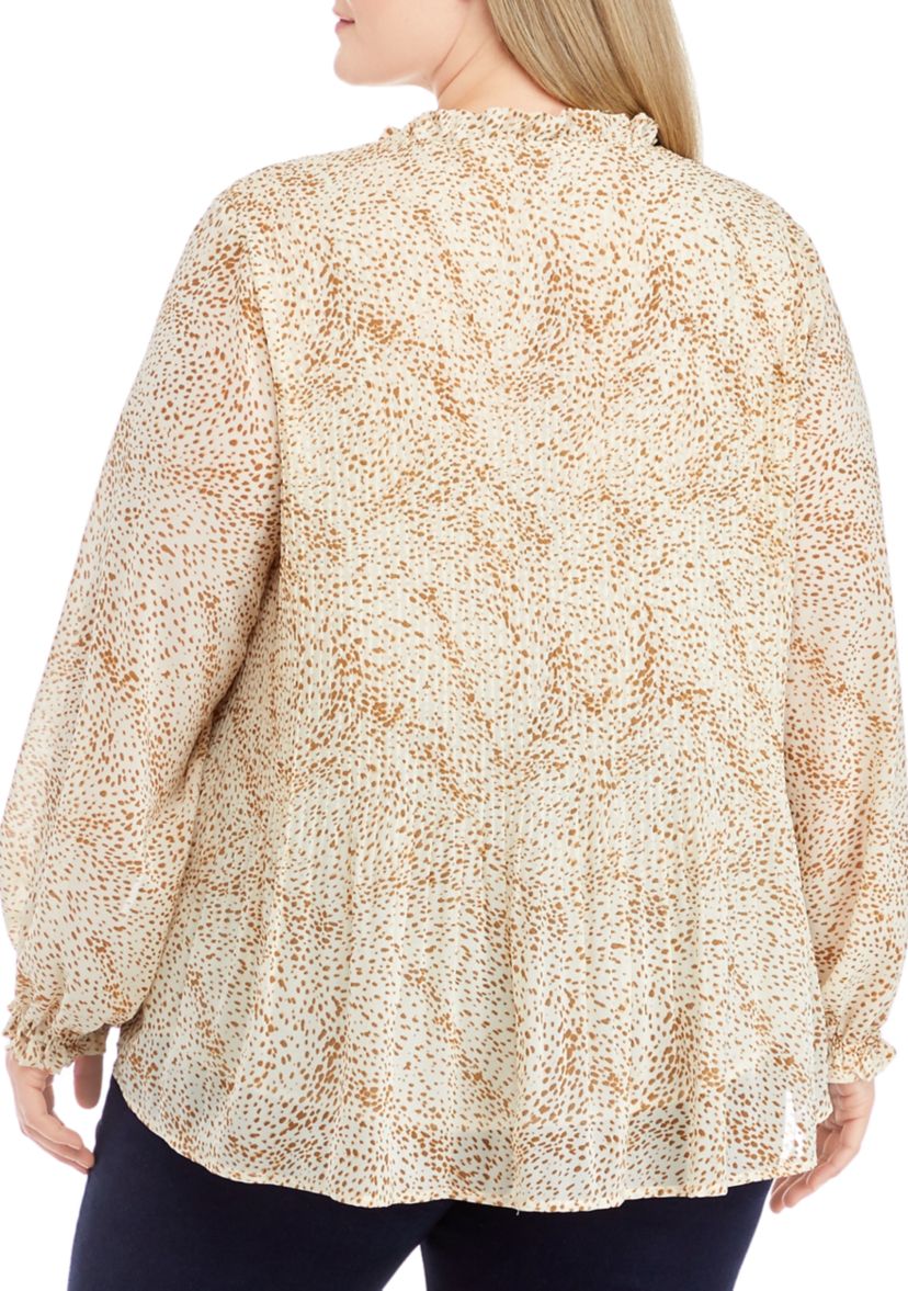 Plus Size Long Sleeve Pleated Blouse with Neck Tie