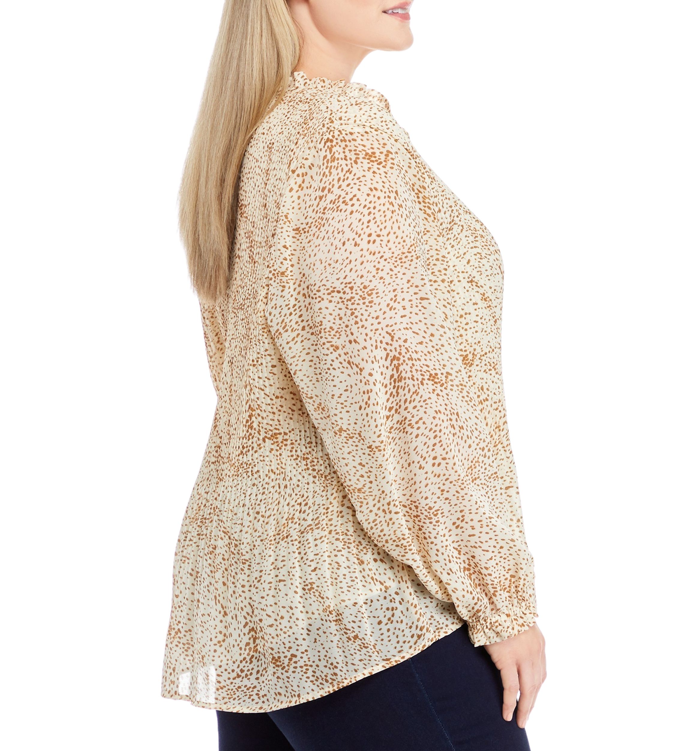 Plus Size Long Sleeve Pleated Blouse with Neck Tie