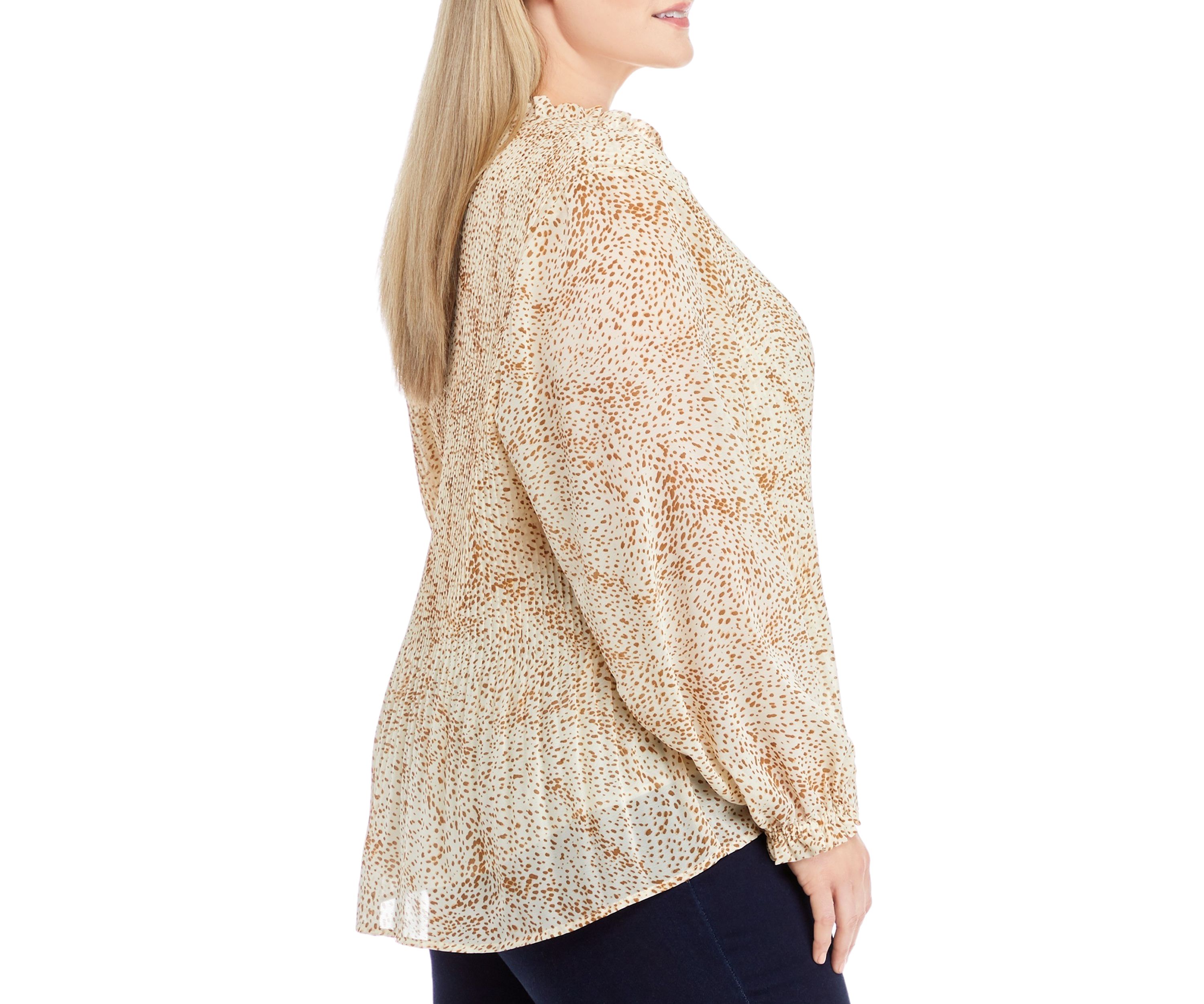 Plus Size Long Sleeve Pleated Blouse with Neck Tie
