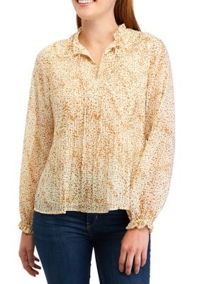 PHILOSOPHY BY REPUBLIC Women's Long Sleeve Printed Tie Neck Pleated Blouse