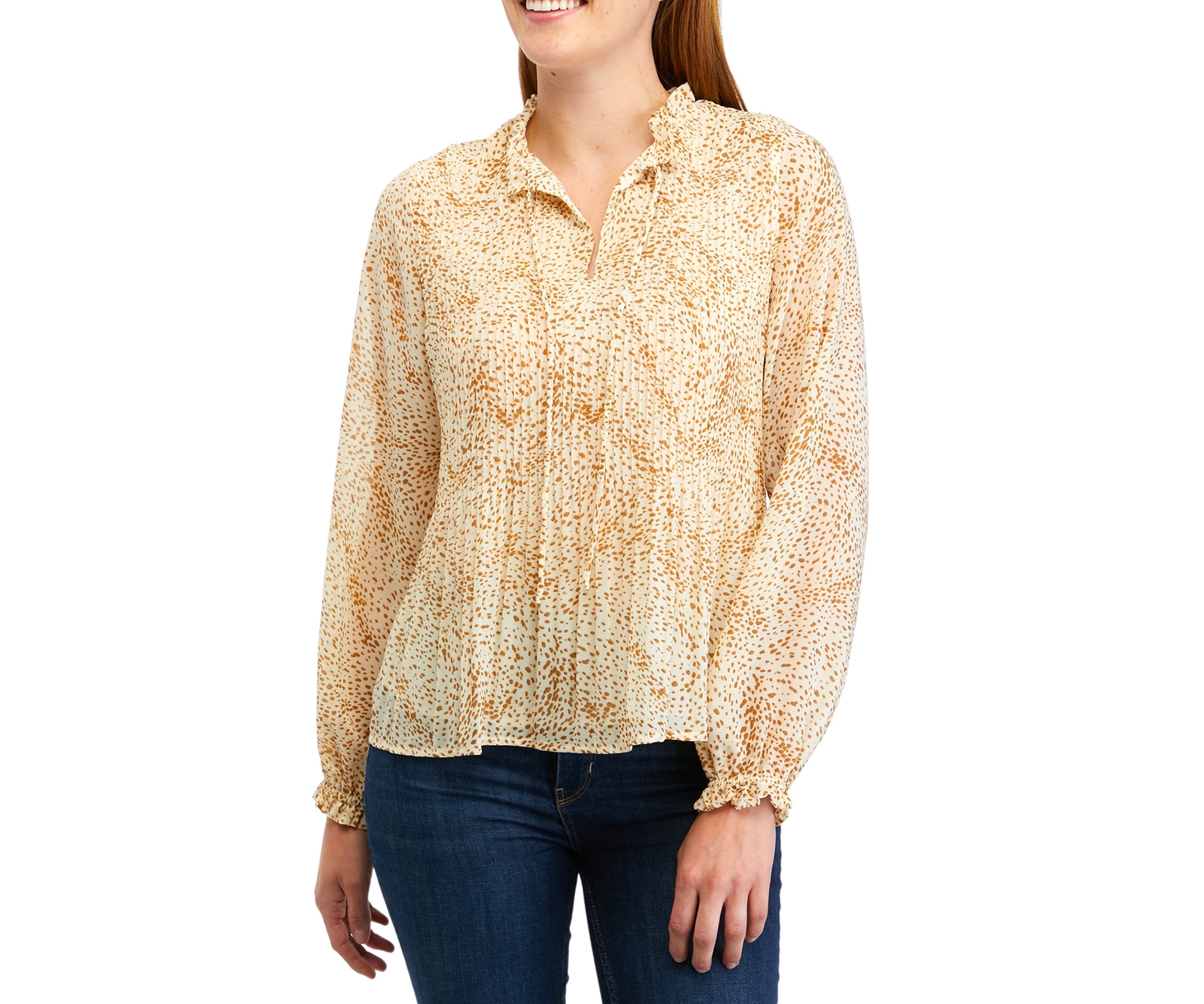 Womens Long Sleeve Printed Tie Neck Pleated Blouse