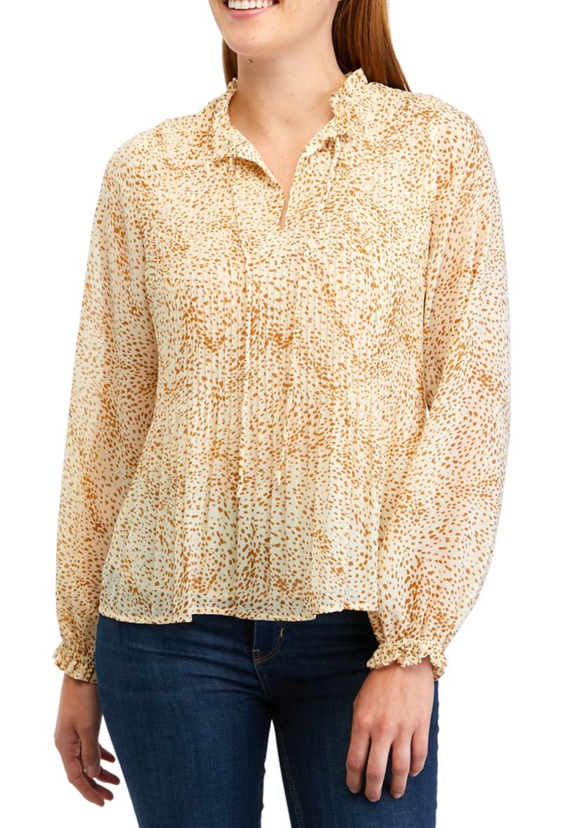 Womens Long Sleeve Printed Tie Neck Pleated Blouse