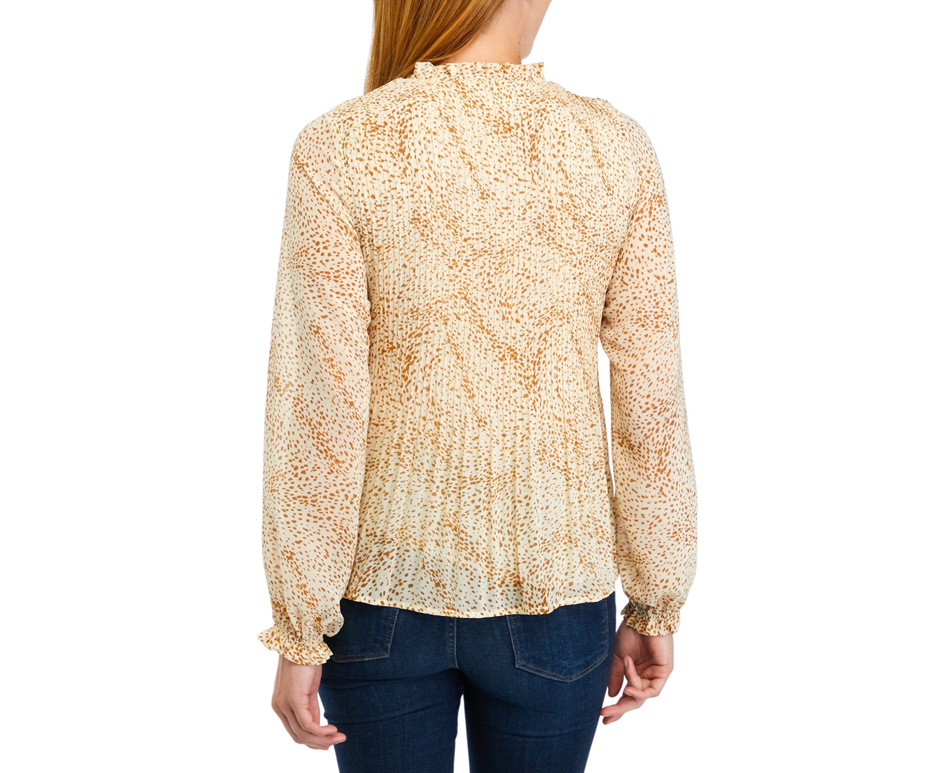 Womens Long Sleeve Printed Tie Neck Pleated Blouse