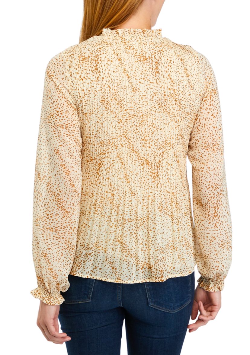 Womens Long Sleeve Printed Tie Neck Pleated Blouse