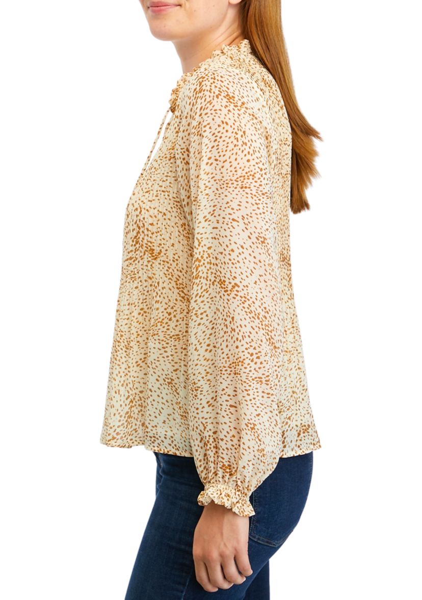 Womens Long Sleeve Printed Tie Neck Pleated Blouse