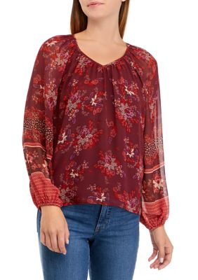 Women's Long Sleeve V-Neck Shirred Vintage Floral Blouse