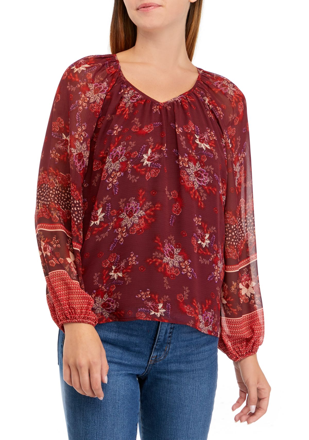 Womens Long Sleeve V-Neck Shirred Vintage Floral Blouse