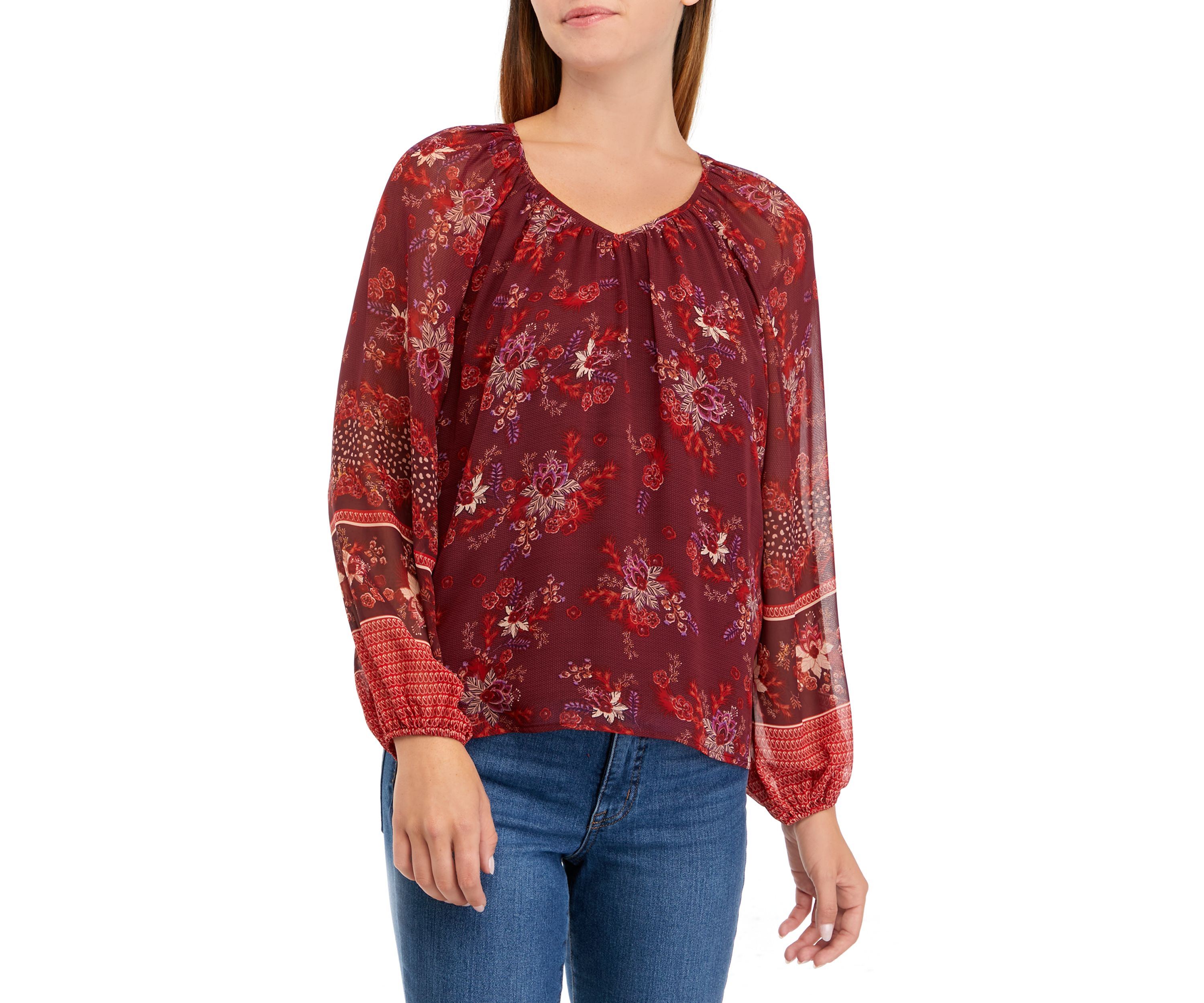 Womens Long Sleeve V-Neck Shirred Vintage Floral Blouse