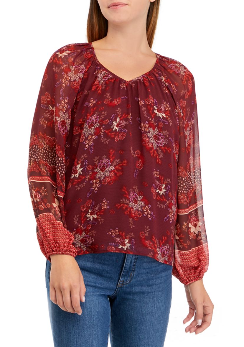 Womens Long Sleeve V-Neck Shirred Vintage Floral Blouse