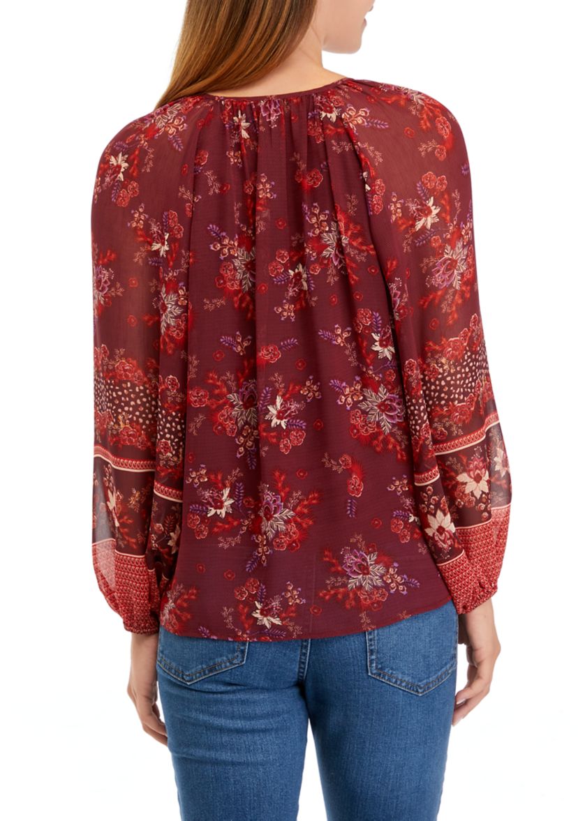 Womens Long Sleeve V-Neck Shirred Vintage Floral Blouse
