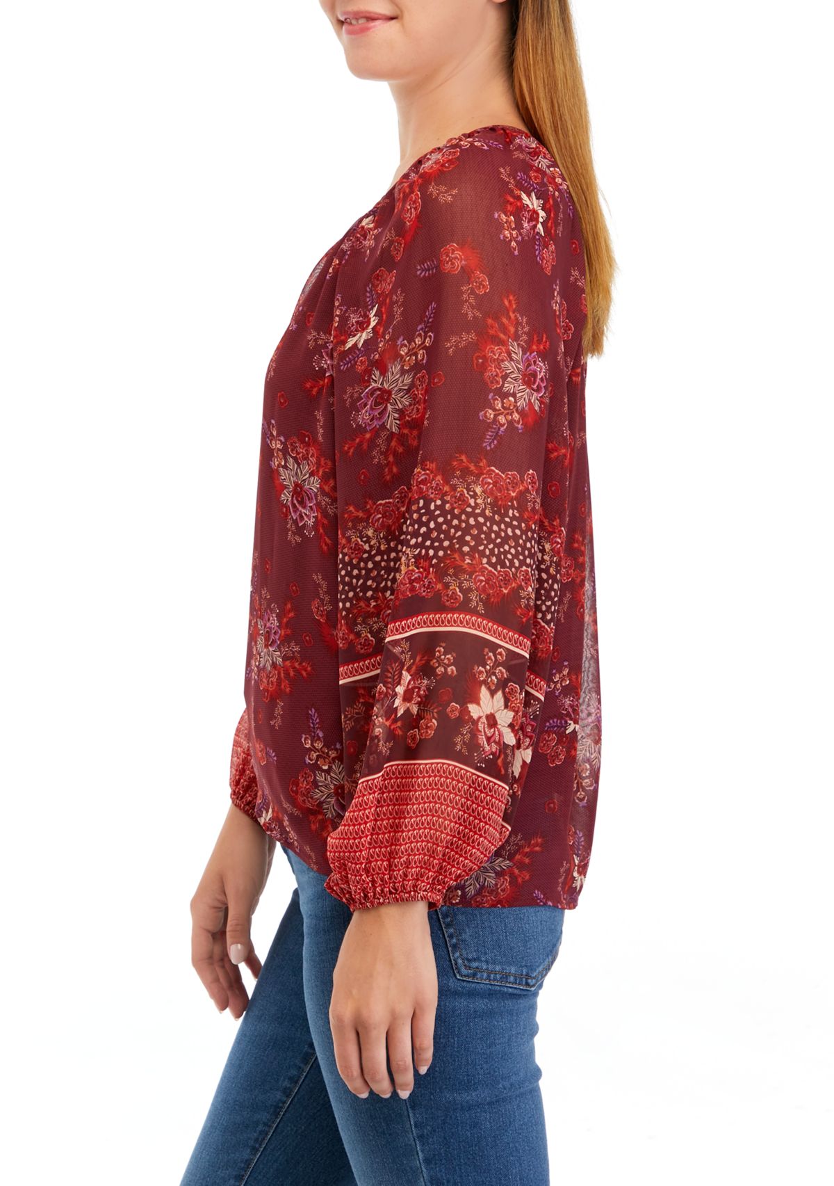 Womens Long Sleeve V-Neck Shirred Vintage Floral Blouse