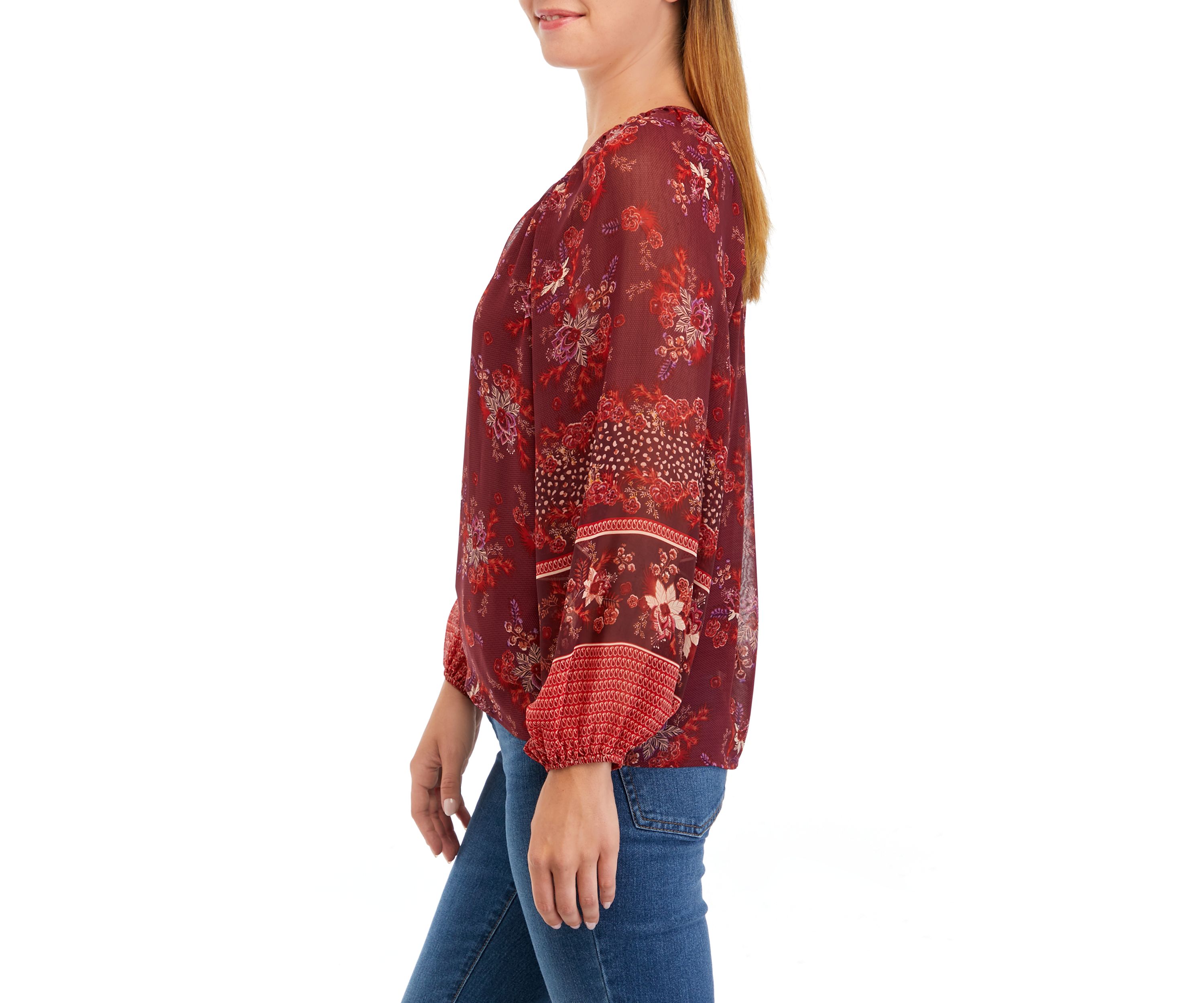 Womens Long Sleeve V-Neck Shirred Vintage Floral Blouse