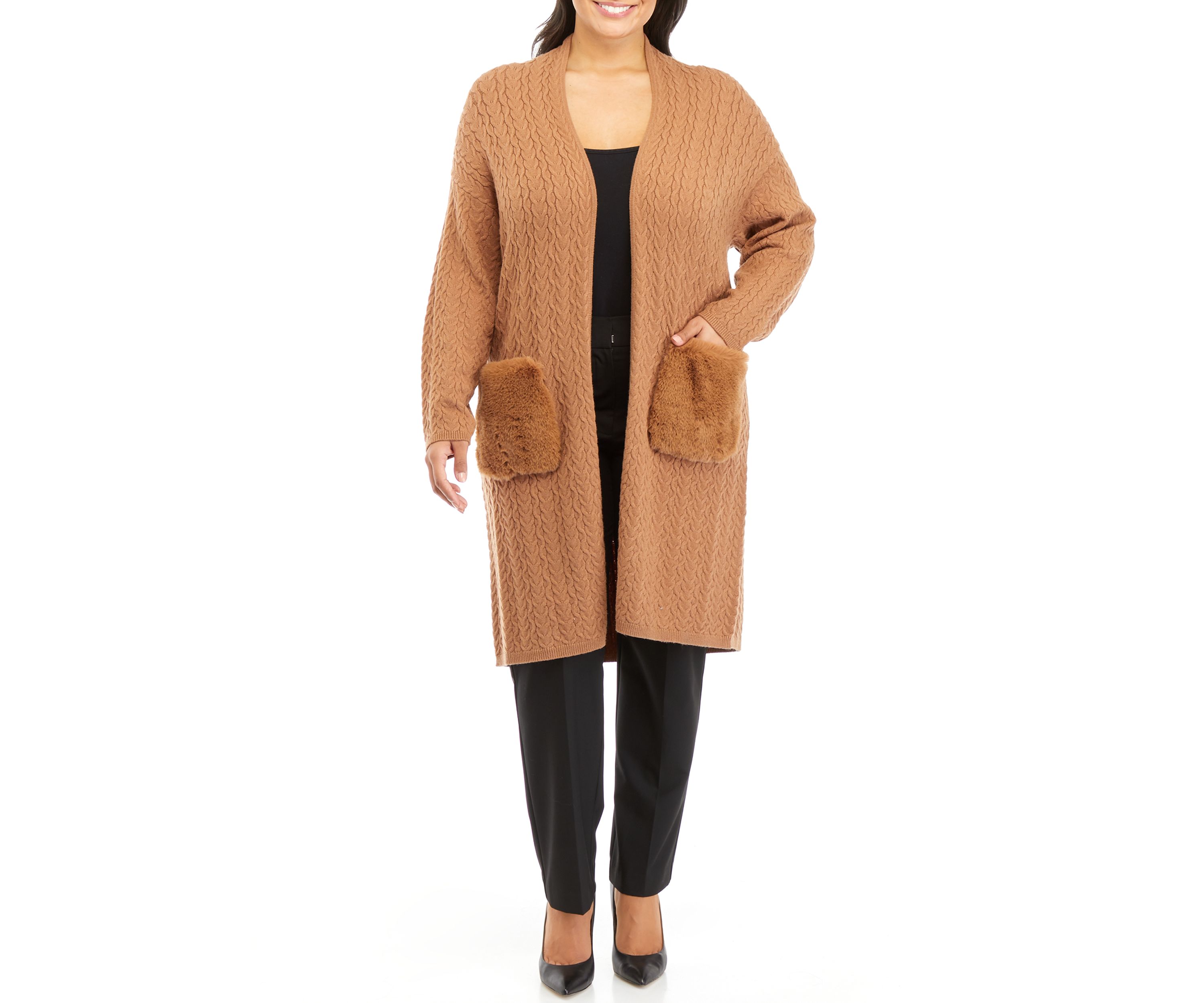 Plus Size Long Sleeve Cable Cardigan with Fur Pockets