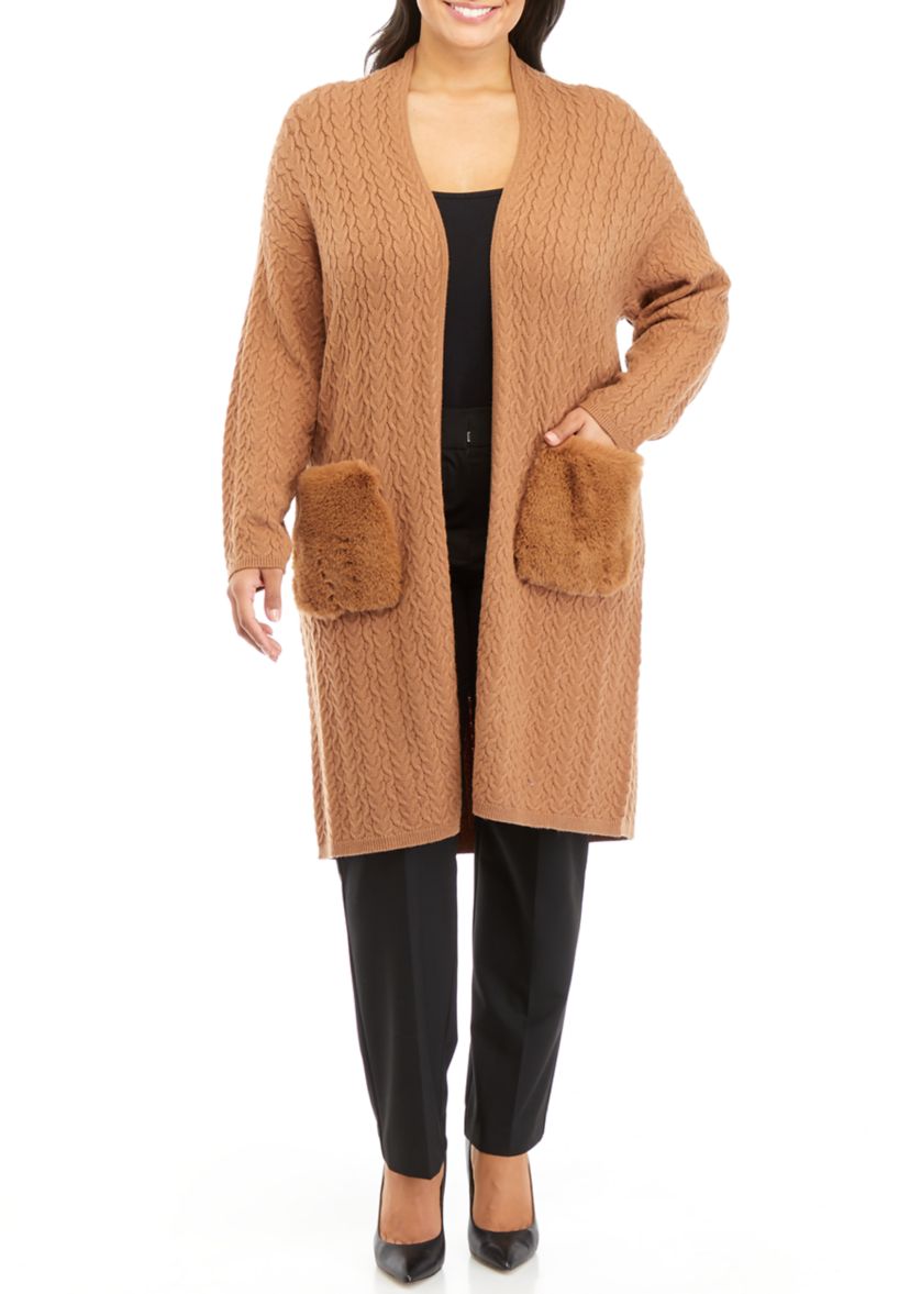 Plus Size Long Sleeve Cable Cardigan with Fur Pockets