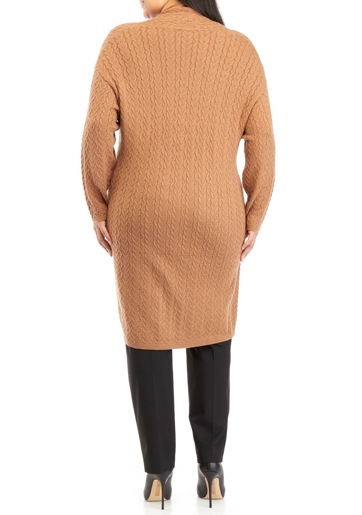 Plus Size Long Sleeve Cable Cardigan with Fur Pockets