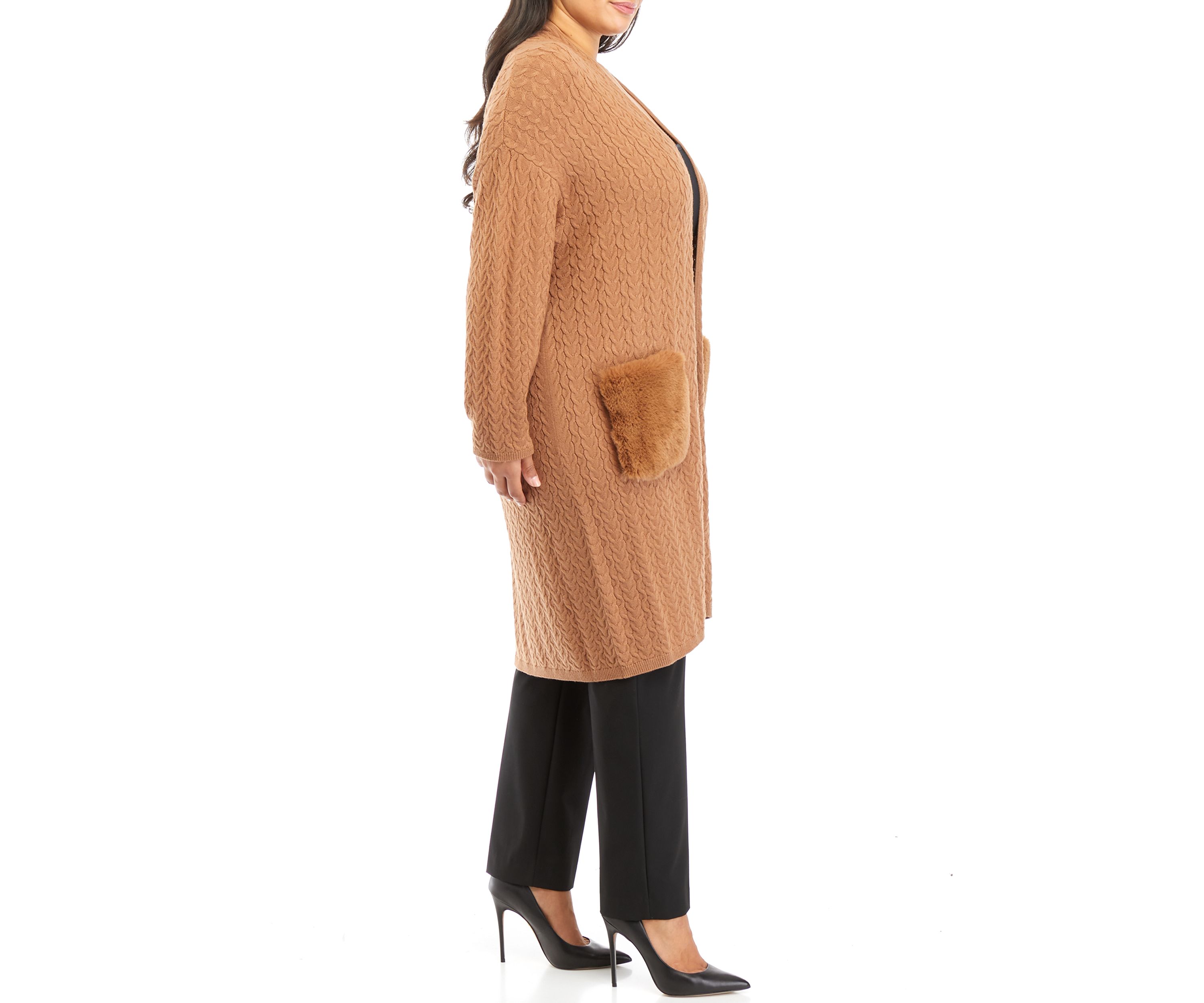 Plus Size Long Sleeve Cable Cardigan with Fur Pockets