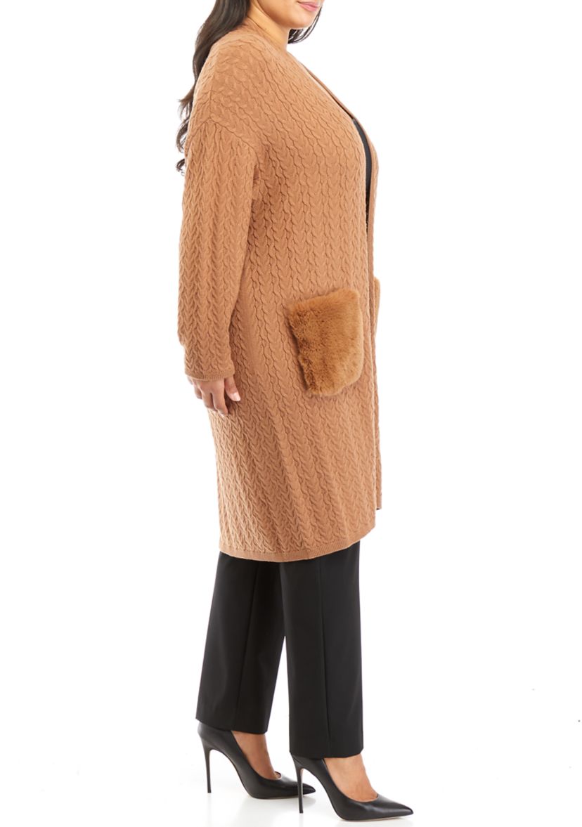 Plus Size Long Sleeve Cable Cardigan with Fur Pockets