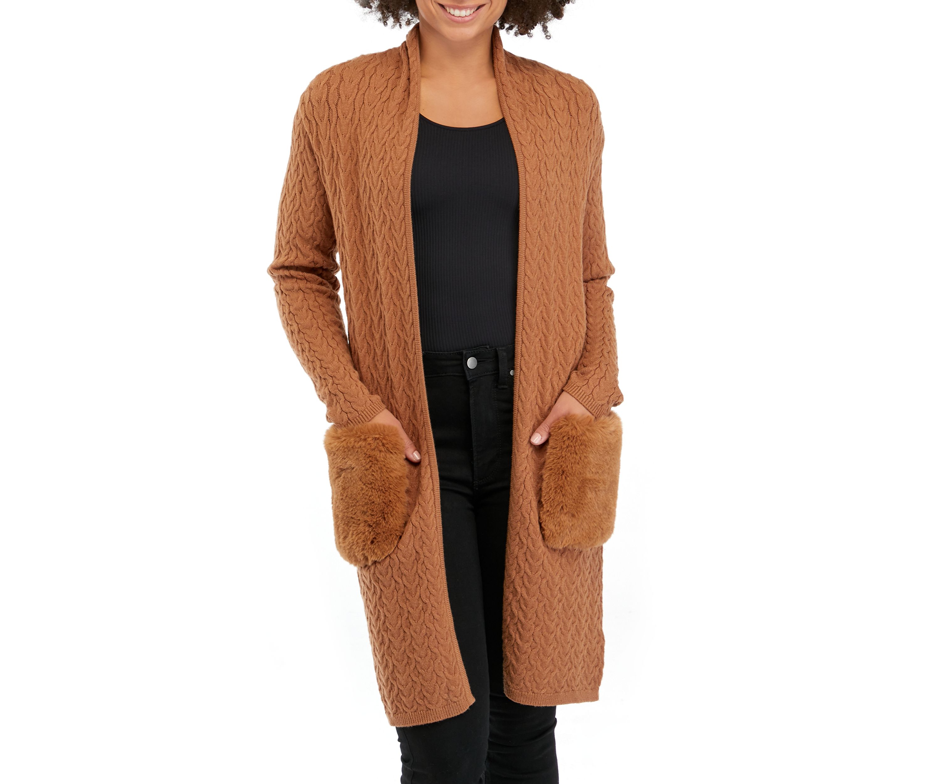 Womens Open Front Cable Knit Cardigan